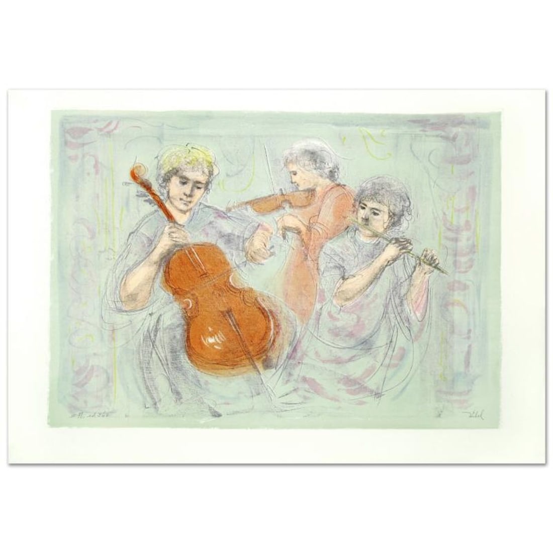 Trio Limited Edition Lithograph by Edna Hibel (1917-2014), Numbered and Hand Signed with Certificate: Trio is a limited edition lithograph on paper, numbered and hand signed by Edna Hibel (1917-2014). Includes Certificate of Authenticity! Measures approx. 35" x 24.5" (with border), 30" x 21" (image). 