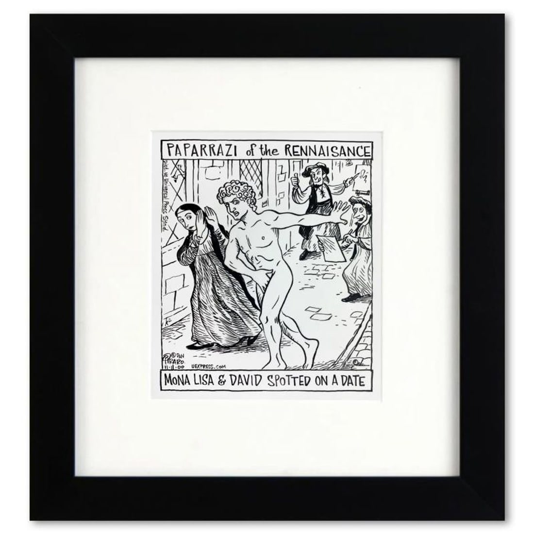 Bizarro, "Mona Lisa and David Paparrazi" is a Framed Original Pen & Ink Drawing by Dan Piraro, Hand: Enter a surreal and satirical world of twisted imagination and award winning creativity. "Mona Lisa and David Paparrazi" is an original pen & ink drawing on paper by Dan Piraro, creator of the critica