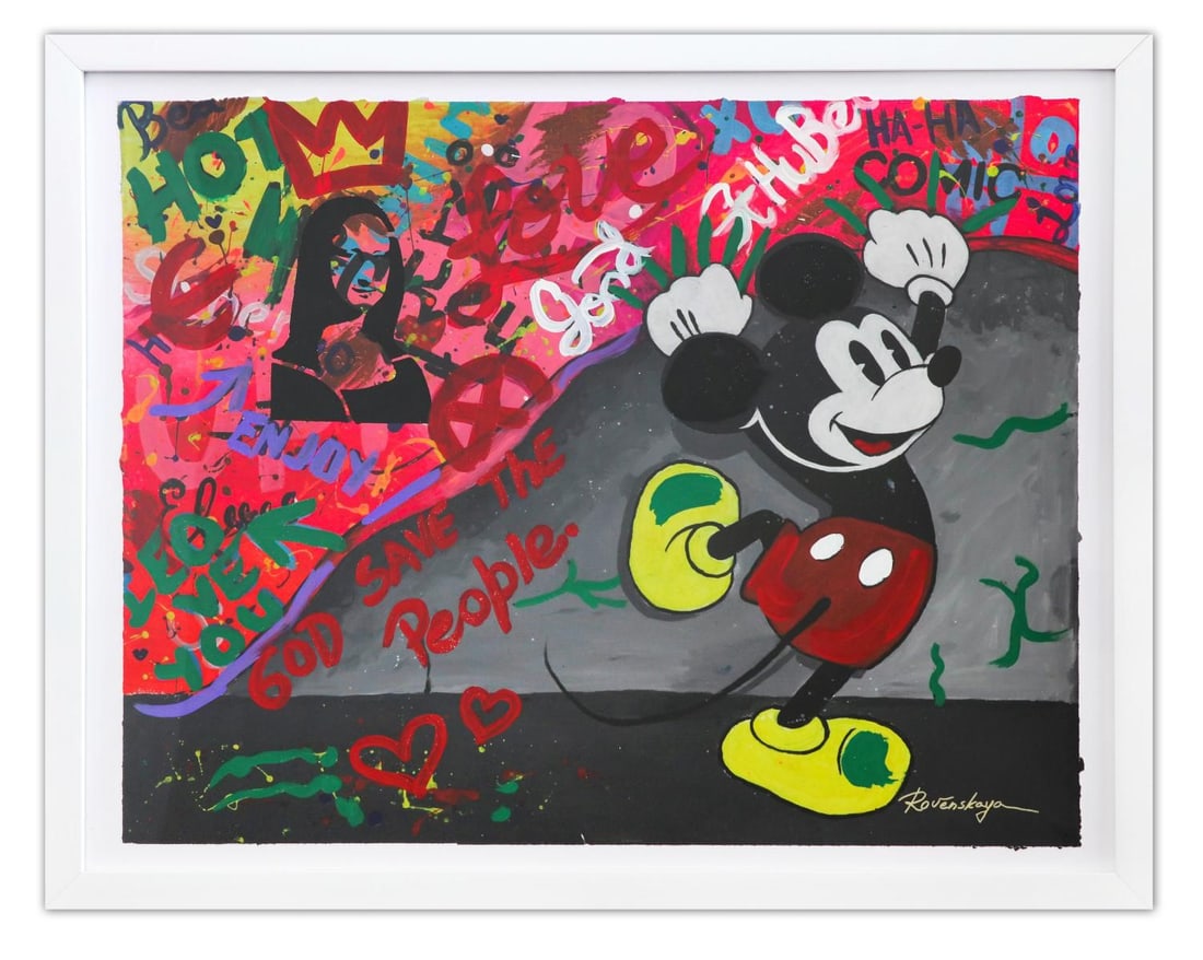 Nastya Rovenskaya- Original Mixed Media on Paper "mickey Is The Boss": Artist: Nastya Rovenskaya. Medium: Original Mixed Media on Paper. Title: mickey Is The Boss. Size: 30" x 40". Measures approx. 36" x 46" (framed). Signature: Hand Signed by the artist. Certificate of 