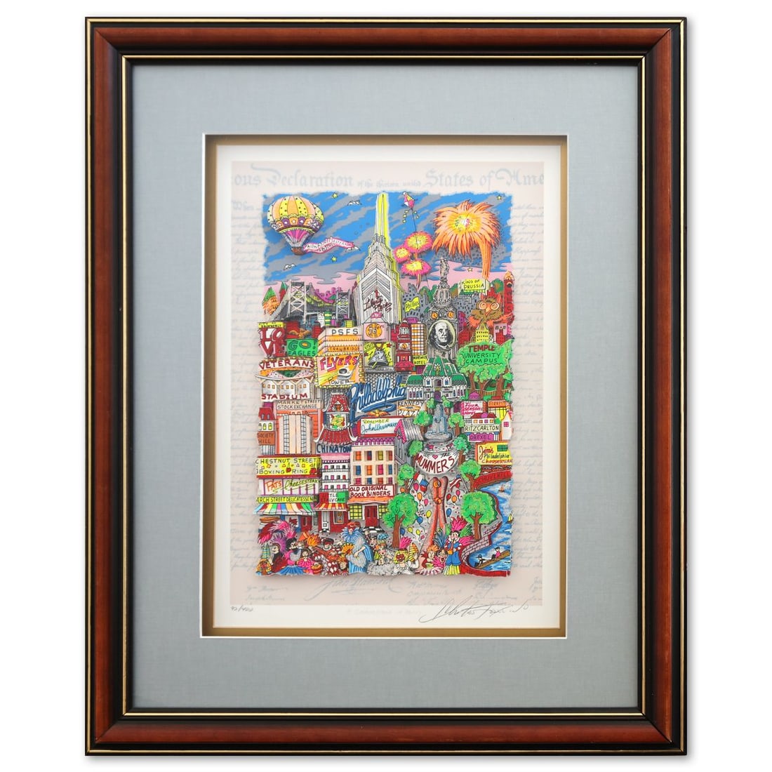 Charles Fazzino- 3D Construction Silkscreen Serigraph "A Cheesesteak in Philly": Artist: Charles Fazzino. Medium: 3D Construction Silkscreen Serigraph. Title: A Cheesesteak in Philly. Size: 17" x 13". Measures approx. 26" x 21" (framed). Signature: Hand Signed and numbered.