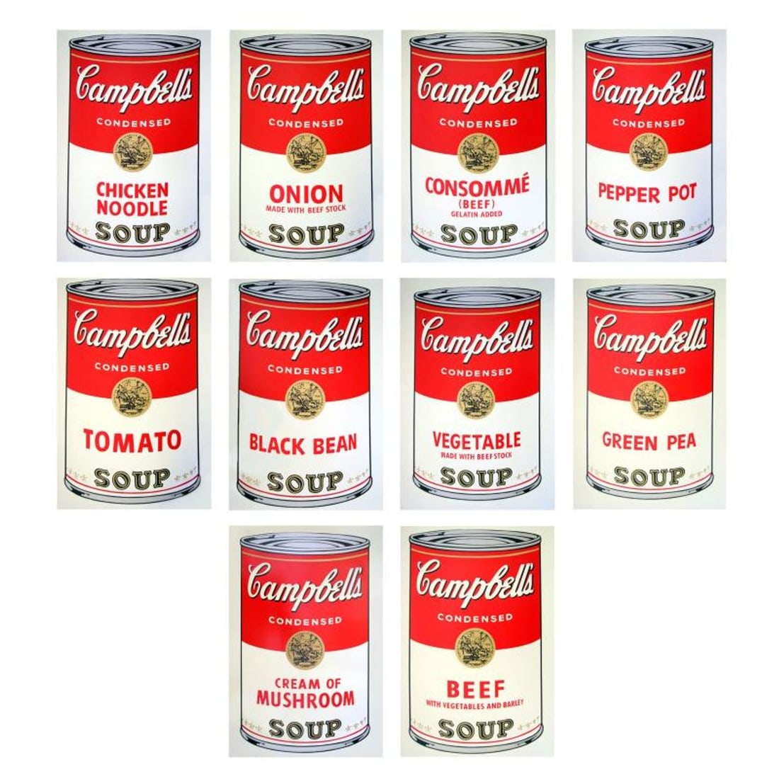 Andy Warhol "Soup Can Series I" Suite of 10 Silk Screen Prints from Sunday B Morning.: Soup Can Series I is a suite of 10 silk screen prints on paper (open edition) from Sunday B Morning featuring the works of Andy Warhol. The piece is stamped in blue on the back with "Published by Sund
