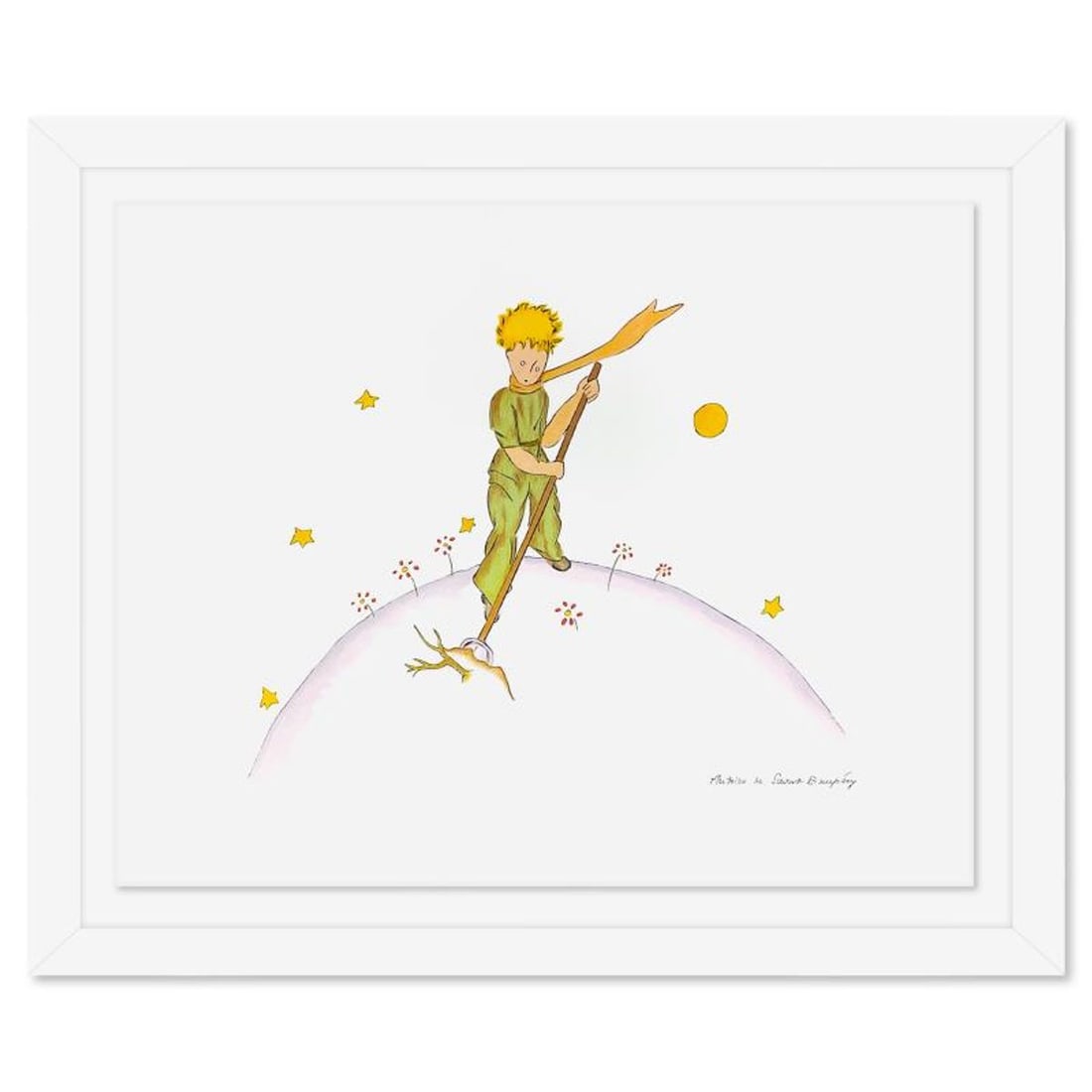 Antoine de Saint-Exupery 1900-1944 (After), "The Little Prince On His Planet" Framed Limited Edition: The Little Prince On His Planet is a limited edition lithograph by Antoine de Saint-Exupery (1900-1944), bearing the plate signature of the artist. This piece comes from an edition of 300 authorized