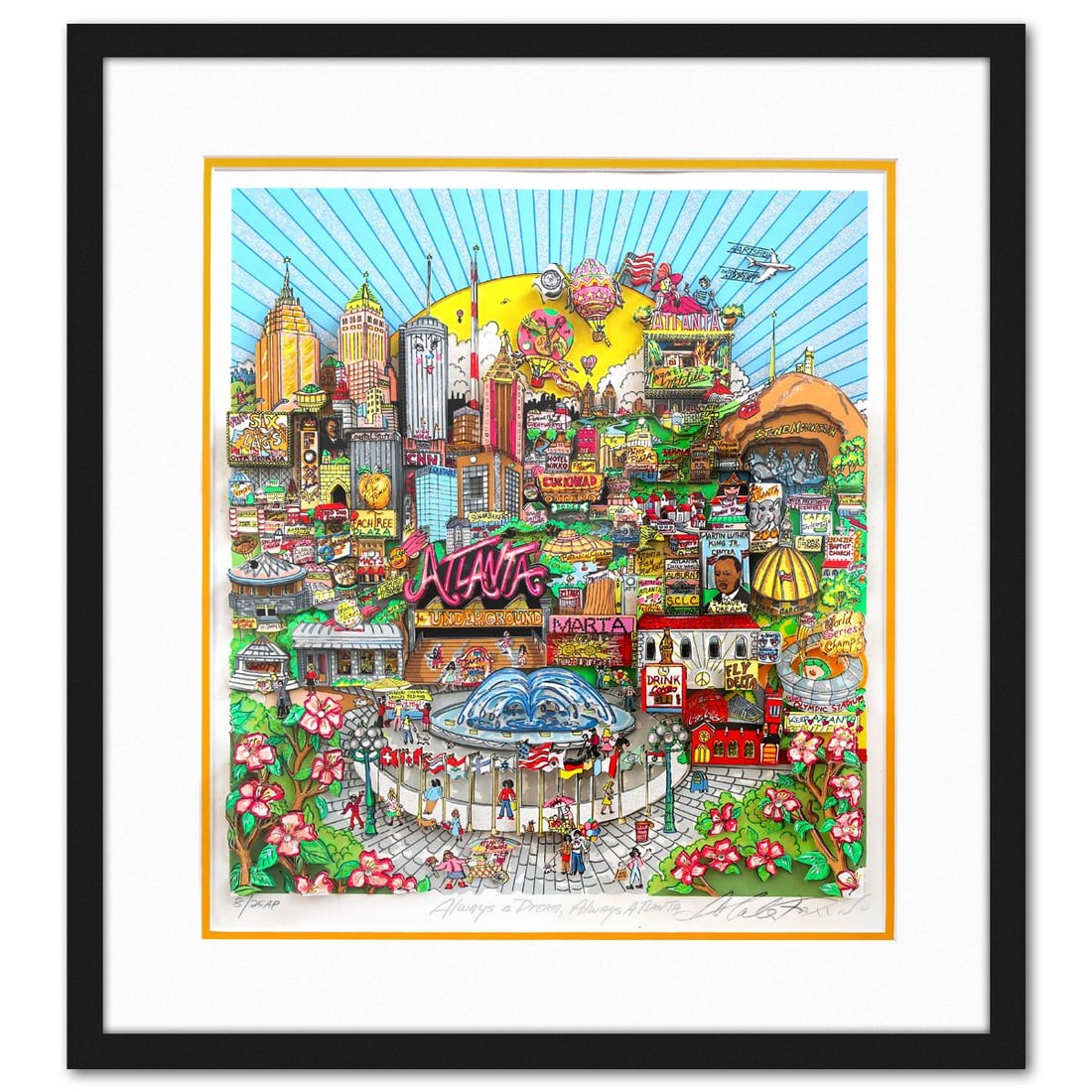 Charles Fazzino- 3D Construction Silkscreen Serigraph "Always A Dream, Always Atlanta": Artist: Charles Fazzino. Medium: 3D Construction Silkscreen Serigraph. Title: Always A Dream, Always Atlanta. Size: 18" x 16". Measures approx. 25" x 22" (framed). Signature: Hand signed and numbered.