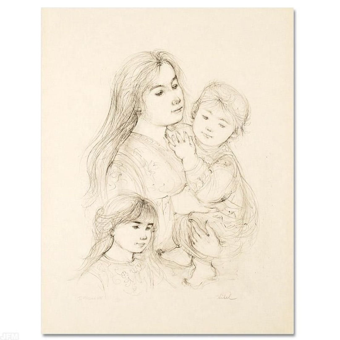 Robert with Mother and Sister Limited Edition Lithograph by Edna Hibel (1917-2014), Numbered and: Wild lines and muted colors make Edna Hibel's art stand out in any room. "Robert with Mother and Sister" is a limited edition lithograph on paper, numbered and hand signed by Hibel (1917-2014).