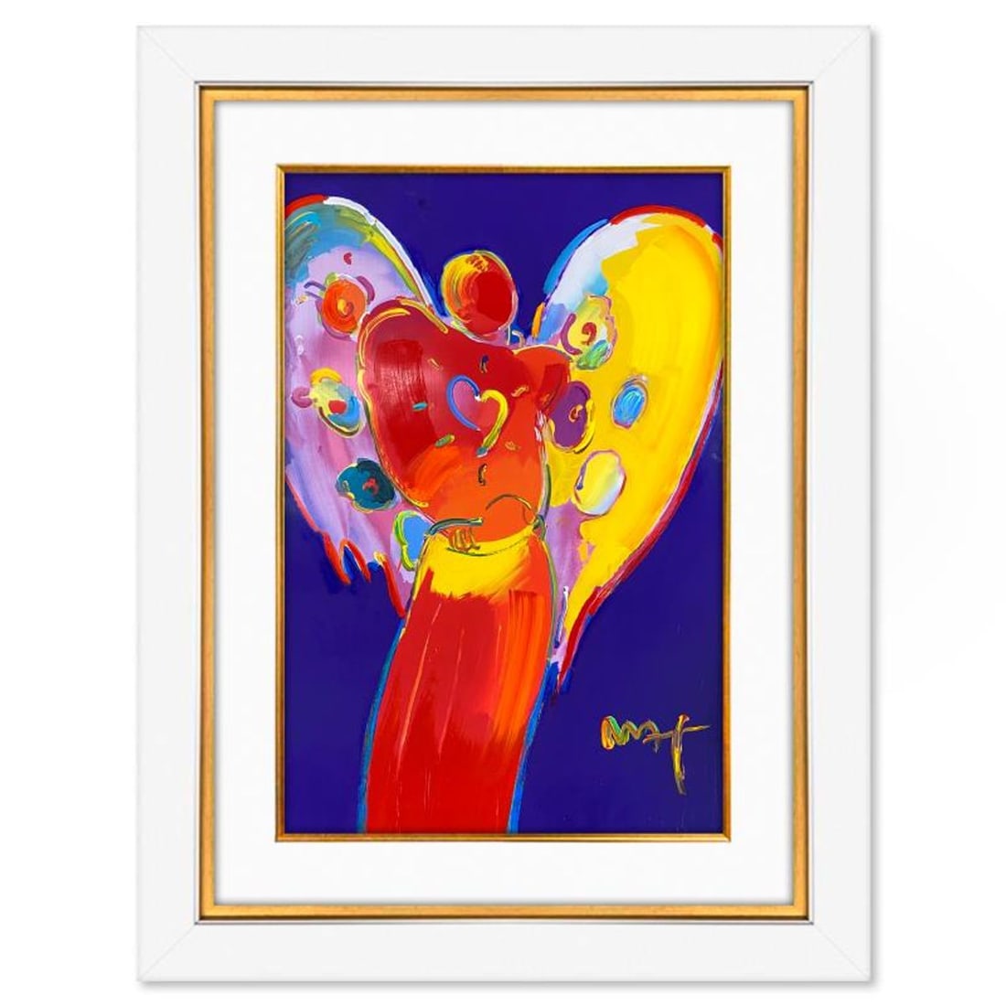 Peter Max, "Angel with Heart" Framed One-of-a-Kind Mixed Media, Hand Signed with Registration Number: Angel with Heart is a one-of-a-kind mixed media on paper, hand signed by Peter Max. The piece comes custom framed with a backside cutout to display Peter Max Studio registration number 260238