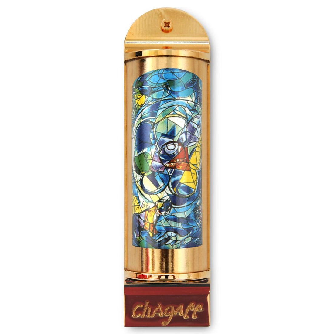Marc Chagall- Mezuzah/ Silkscreen on 24K gold plated bronze "Benjamin": Artist: Marc Chagall. Medium: Mezuzah/ Silkscreen on 24K gold plated bronze. Title: Benjamin. Size: 5.1" x 1.4". Certificate of Authenticity: Is included. Additional: Limited edition of 1800. Full col