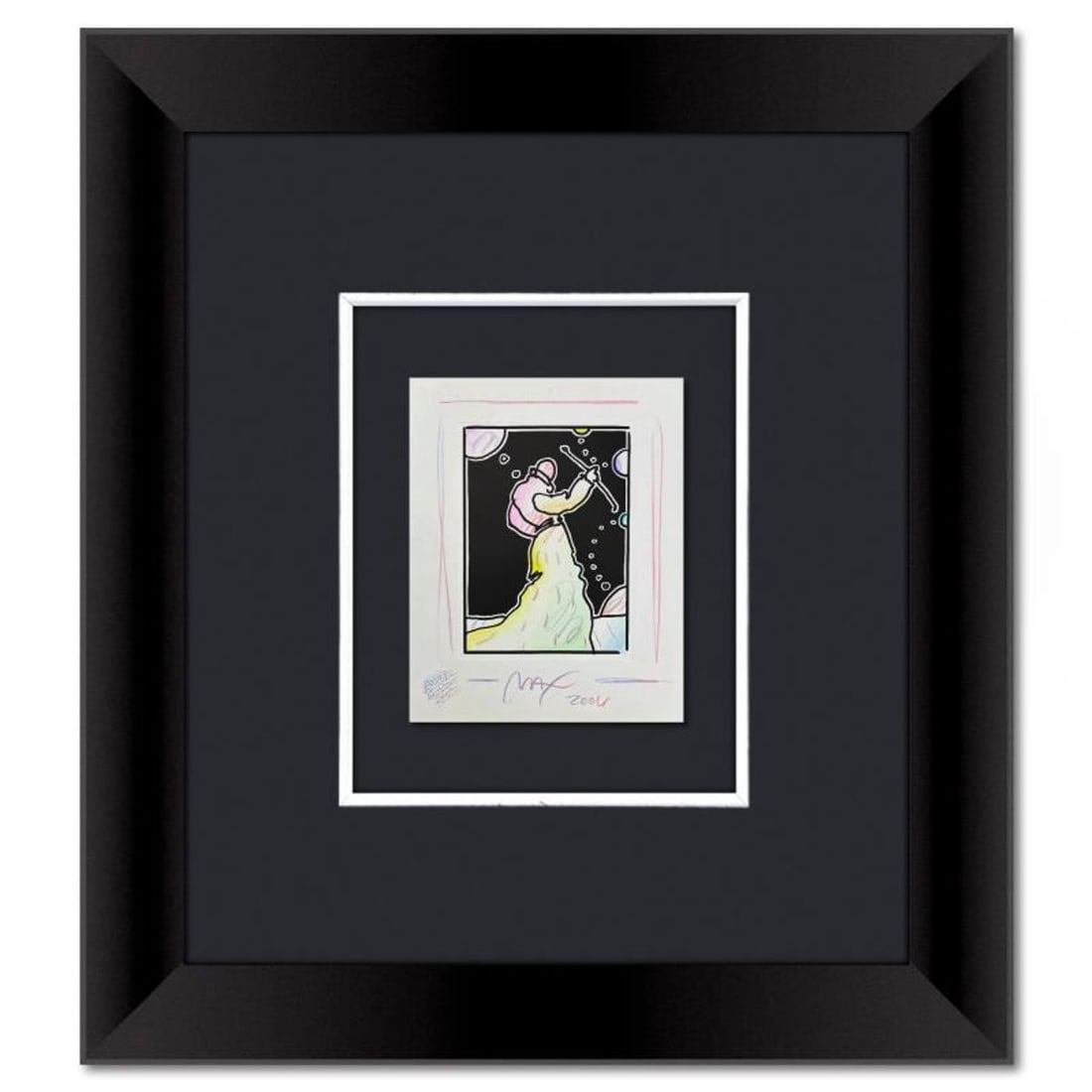 Peter Max, "Sage with Cane" Framed One-of-a-Kind Mixed Media, Hand Signed with Registration Number: Sage with Cane is a one-of-a-kind mixed media on paper, hand signed by Peter Max. The piece comes custom framed with a backside cutout to display Peter Max Studio registration number 339913