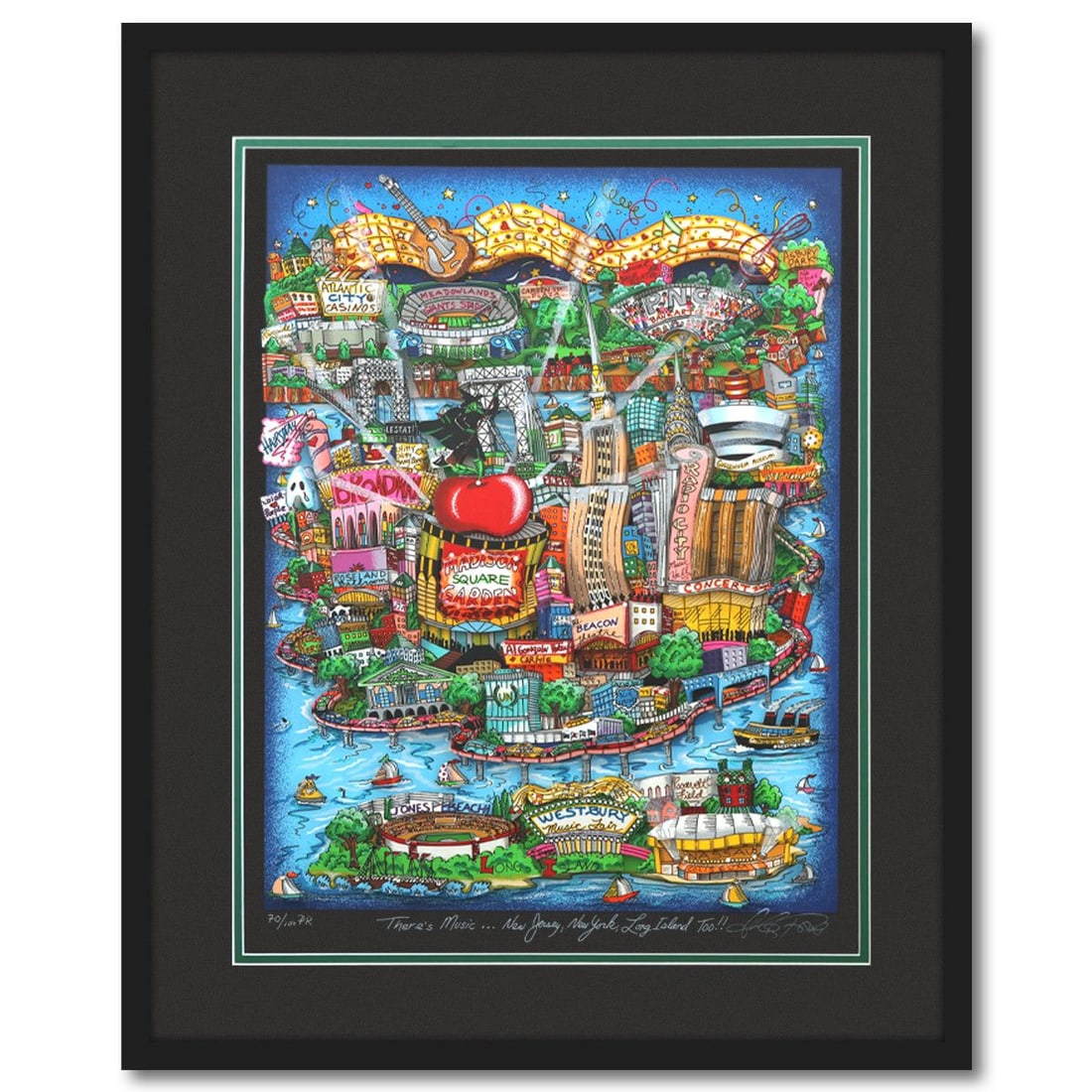 Charles Fazzino- 3D Construction Silkscreen Serigraph "There's Music: New Jersey, New York, Long: Artist: Charles Fazzino. Medium: 3D Construction Silkscreen Serigraph. Title: There's Music: New Jersey, New York, Long Island Too!!. Size: 20" x 16". Measures approx. 27" x 22" (framed). Signature: H