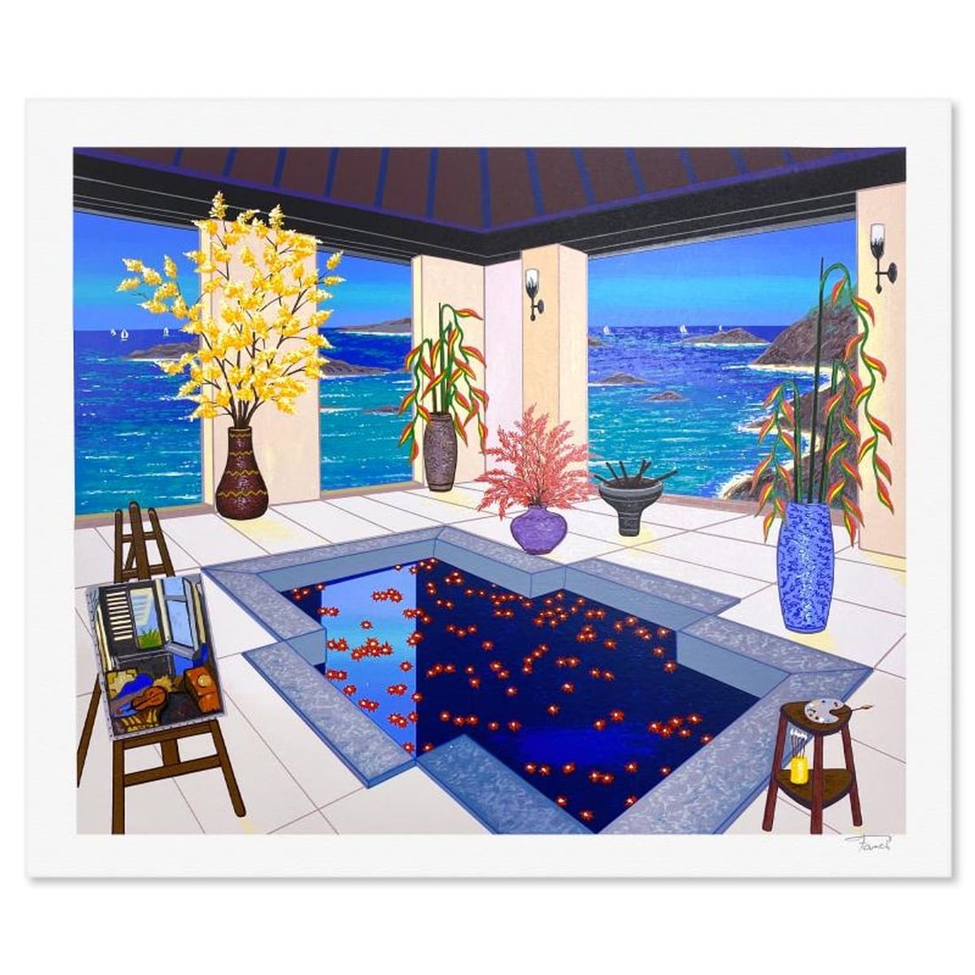 Fanch Ledan, "Interior with Spa" Limited Edition Serigraph, AP Numbered and Hand Signed with Letter: Interior with Spa is a limited edition serigraph on paper by Fanch, AP numbered and hand signed by the artist. Includes Letter of Authenticity. Measures approx. 18.5" x 22" (border), 16" x 19.5"