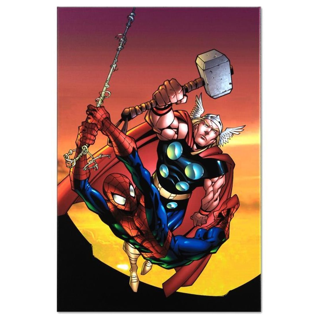 Marvel Comics "Marvel Age Spider-Man Team Up #4" Numbered Limited Edition Giclee on Canvas by Randy: A piece of comic book history, this limited edition, from original art by Randy Green, depicts Spider-Man and Thor in action. Since working with Marvel, Randy Green has worked on some popular comic