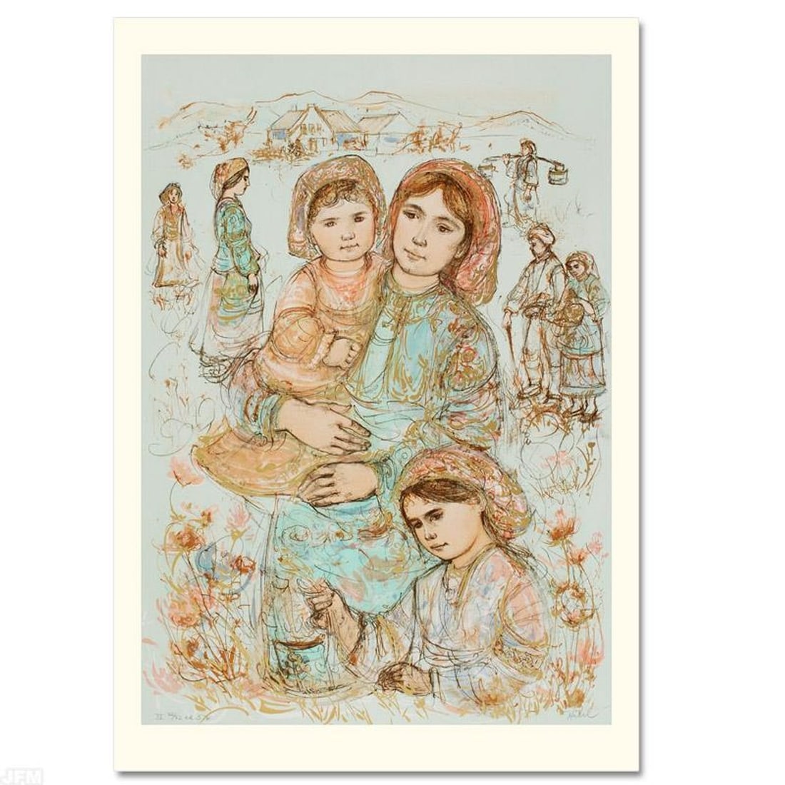 Family in the Field Limited Edition Lithograph by Edna Hibel (1917-2014), Numbered and Hand Signed: Family in the Field is a limited edition lithograph on paper, numbered and hand signed by Edna Hibel (1917-2014). Includes Certificate of Authenticity! Measures approx. 25" x 36" (with border), 22.5" 