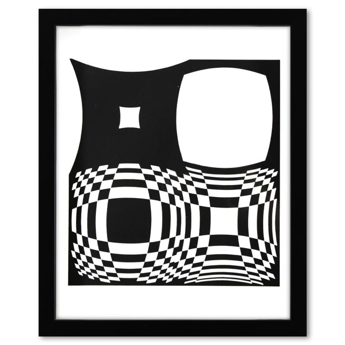 Victor Vasarely (1908-1997), "Japet de la serie Croises" Framed 1973 Heliogravure Print with Letter: Japet de la serie Croises is a heliogravure print on paper, published in 1973, by Victor Vasarely (1908-1997). This piece comes custom framed, with a letter of authenticity and with a 1976 Vasarely pa