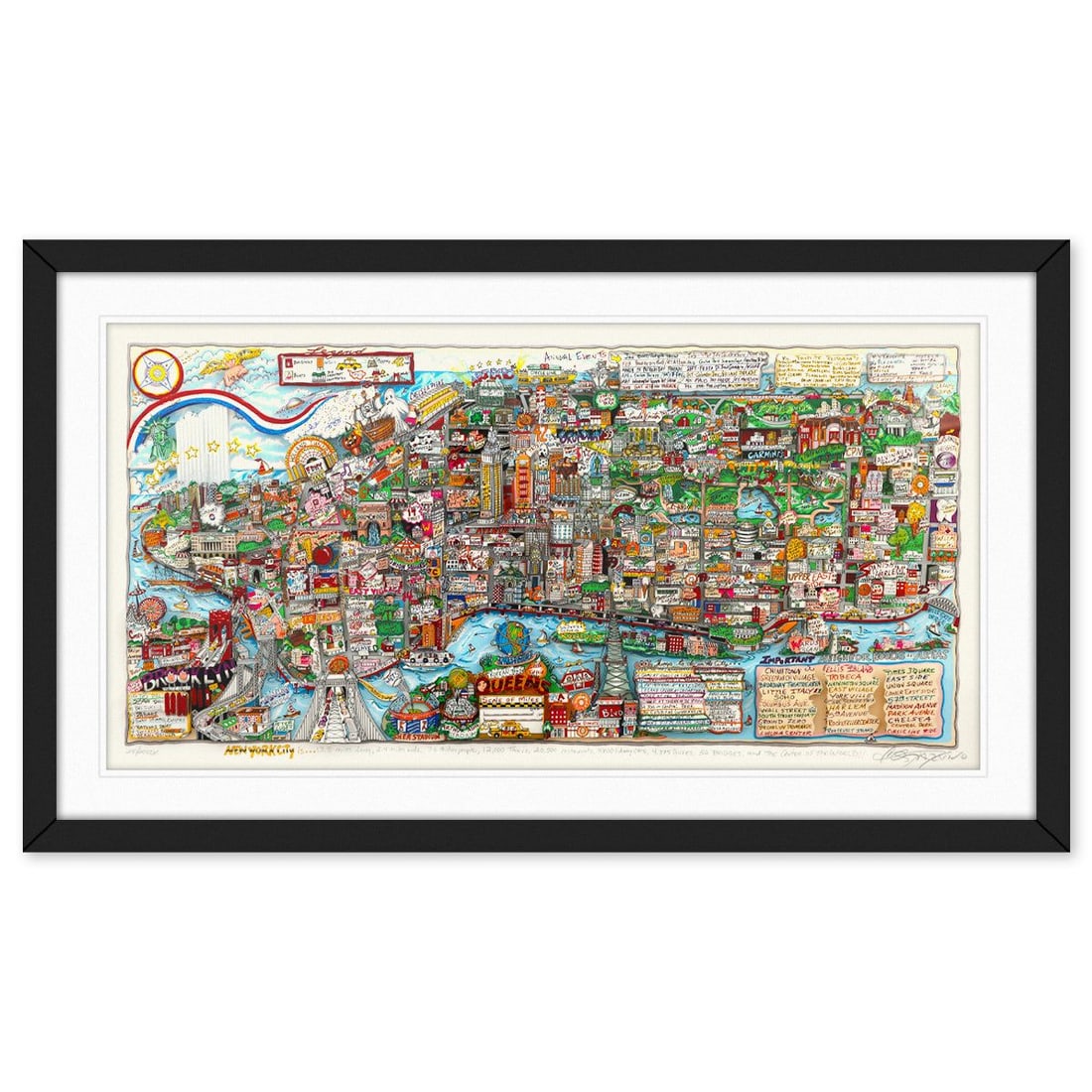 Charles Fazzino- 3D Construction Silkscreen Serigraph "NEW YORK IS, ": Artist: Charles Fazzino. Medium: 3D Construction Silkscreen Serigraph. Title: NEW YORK IS, . Size: 22" x 42". Measures approx. 30" x 51" (framed). Signature: Hand signed and numbered by the artist. Ce