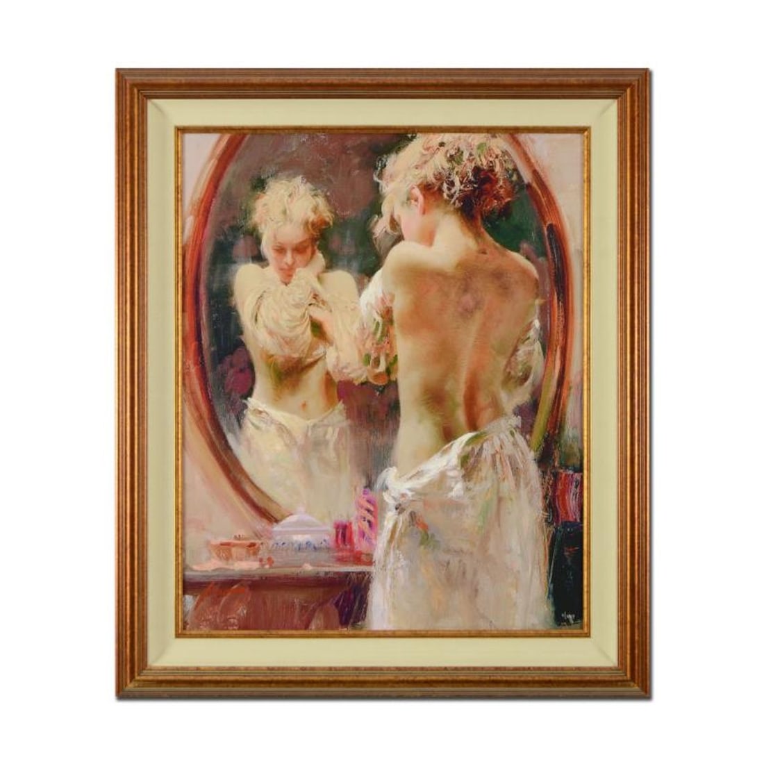 Pino (1939-2010), "Contemplation" Framed Limited Edition Hand Embellished Giclee on Canvas. Numbered: Pino's portraits allow glimpses into intensely personal, intimate spaces, conveying emotion through rich, warm color and sensual brushwork. "Contemplation" is a hand embellished limited edition giclee