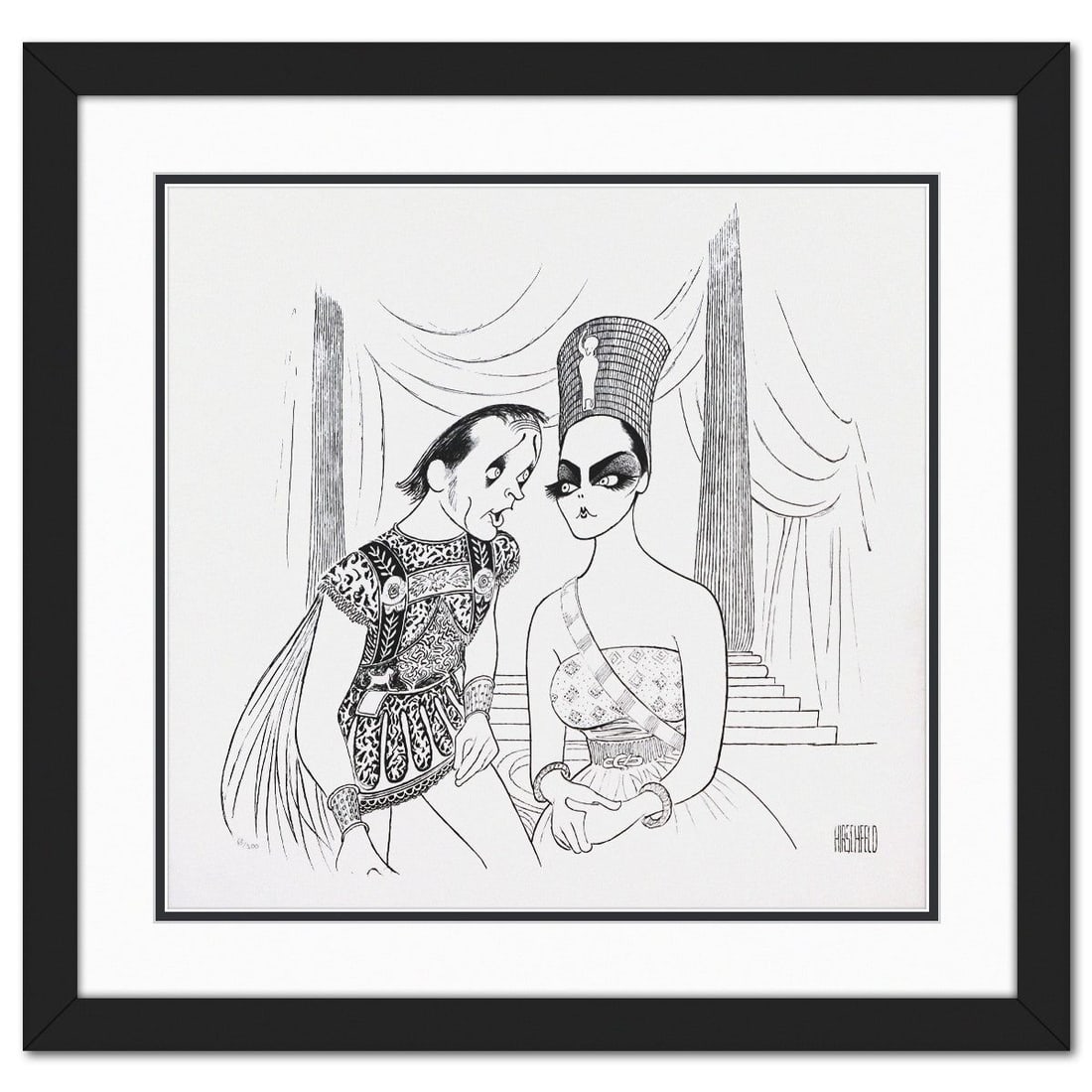 Al Hirchfield- Lithograph "Anthony & Cleopatra": Artist: Al Hirchfield. Medium: Lithograph. Title: Anthony & Cleopatra. Size: 20" x 21". Measures approx. 28" x 29" (framed). Signature: Plate signed and numbered. Certificate of Authenticity: Is inclu