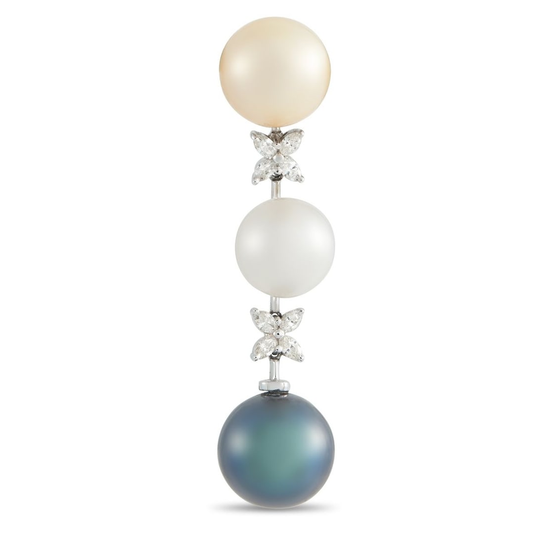 18K WHITE GOLD 0.25CT DIAMOND AND PEARL PENDANT: Subtle colors and exquisite details make this pendant an instant classic. A trio of multicolored 11mm Pearls instantly catch the eye, while Diamond accents totaling 0.25 carats offer captivating spark