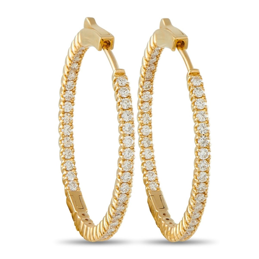 14K YELLOW GOLD 1.30CT DIAMOND INSIDE-OUT HOOP EARRINGS: These understated luxury hoop earrings are poised to put the perfect finishing touch on any ensemble. Set in 14K Yellow Gold, Diamonds with a total weight of 1.30 carats provide effortless elegance. E