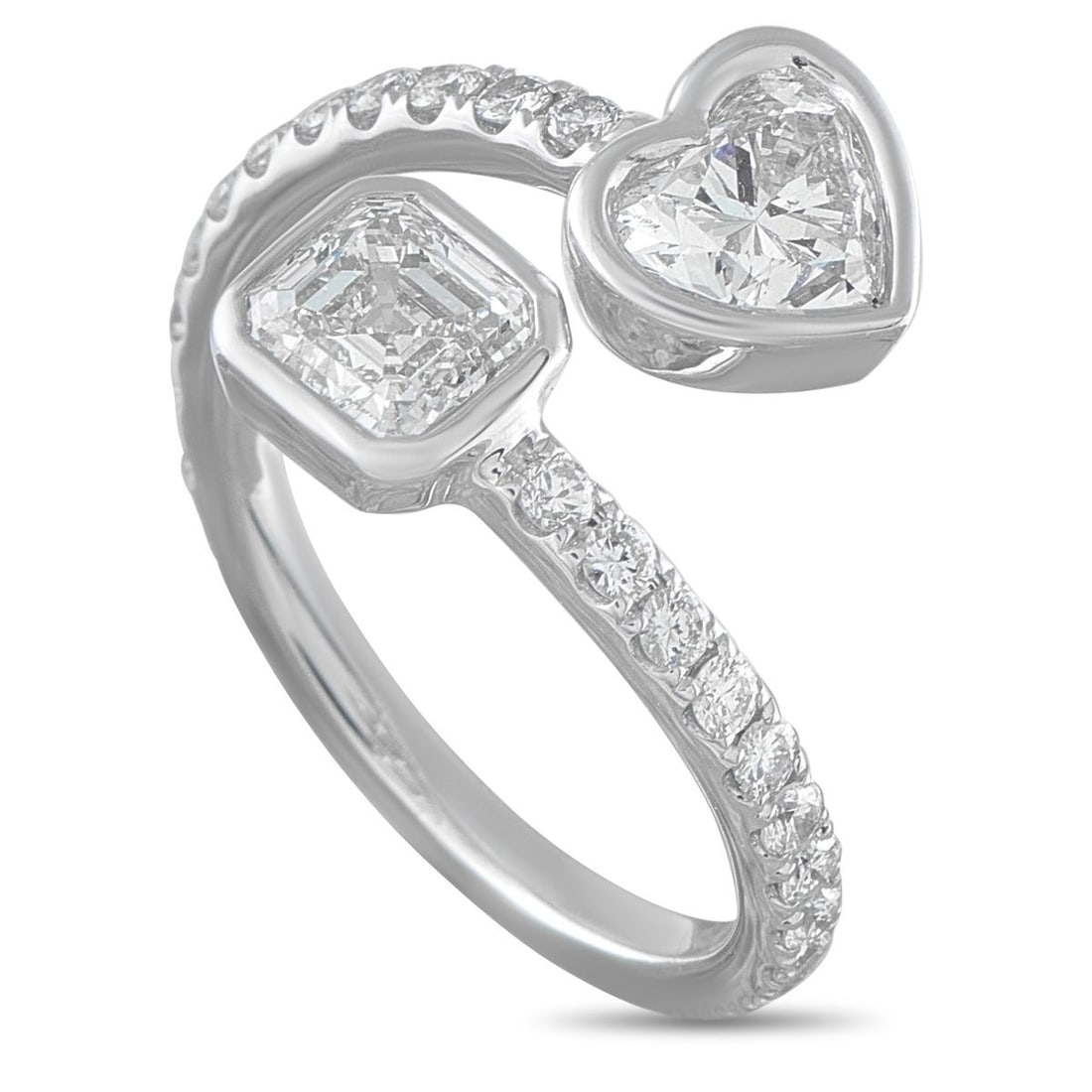 18K WHITE GOLD 1.87CT DIAMOND BYPASS RING: This bypass ring is incredibly charming. Dazzling Diamonds with a total weight of 1.42 carats continually catch the light at each end of the design. Additional Diamond accents totaling 0.45 carats fur