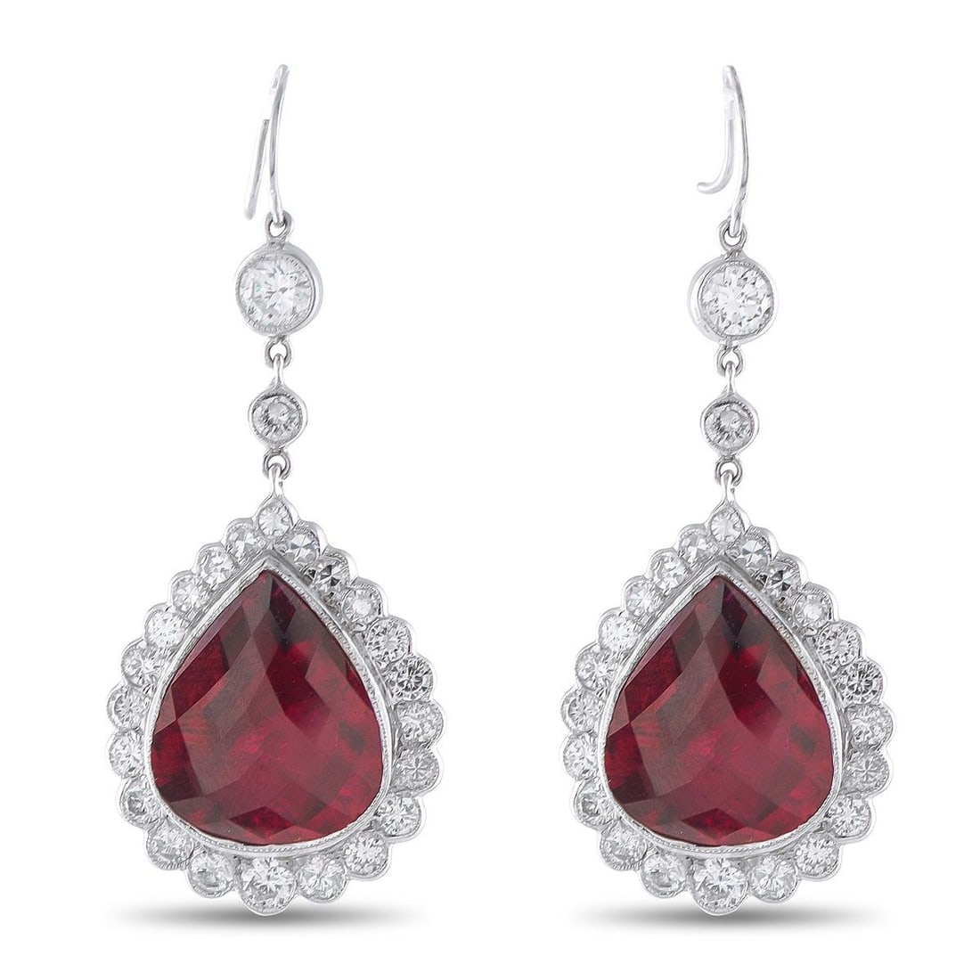 18K WHITE GOLD 2.50CT DIAMOND AND RUBELLITE EARRINGS: These luxury earrings are simply exquisite. Stylish enough for even your most special occasions, the 18K White Gold settings include Rubellite gemstones with a total weight of 10.40 carats surrounded 