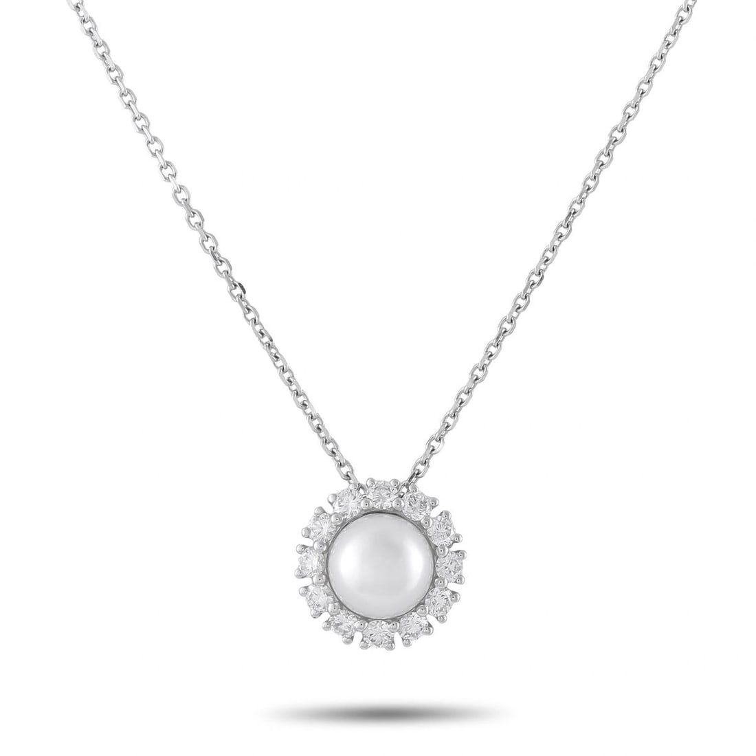 ASSAEL 18K WHITE GOLD 0.67CT DIAMOND AND PEARL HALO NECKLACE: This Assael necklace is crafted in 18K white gold and centers on a lustrous 8mm cultured pearl encircled by a halo of round diamonds totaling approximately 0.67 carats. The round pendant measures appr