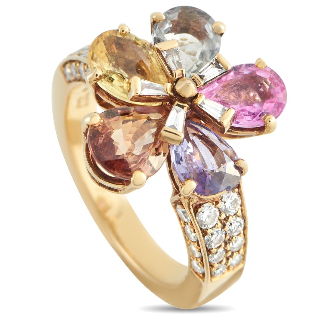 BVLGARI 18K YELLOW GOLD 0.30CT DIAMOND AND SAPPHIRE RING: Colorful Sapphires with a total weight of 3.50 carats come together in a floral motif at the top of this Bvlgari ring. Diamonds with a total weight of 0.30 carats add even more sparkle to the breathta