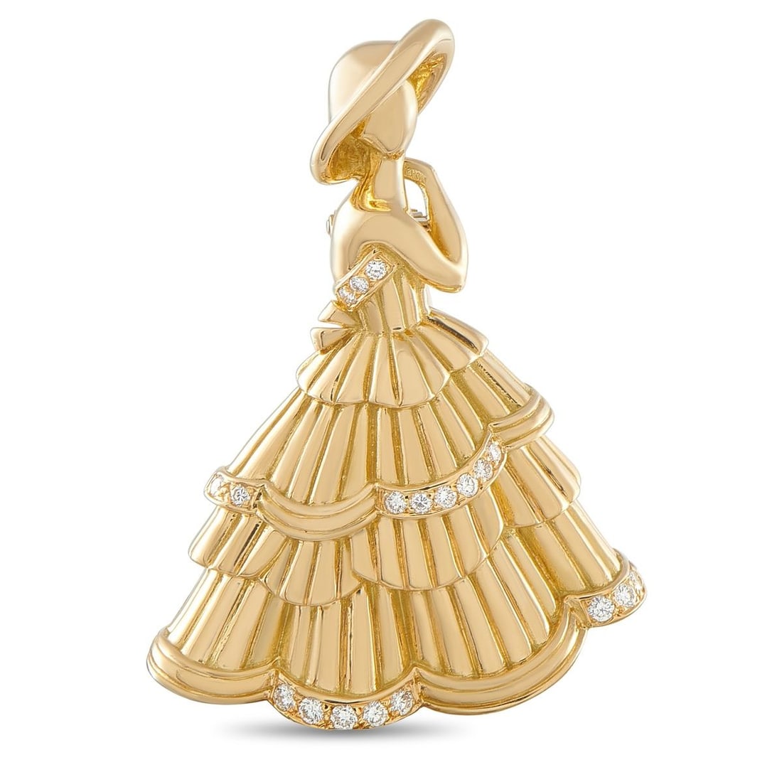CHRISTIAN DIOR 18K YELLOW GOLD DIAMOND BROOCH: A feminine form makes this Christian Dior brooch a whimsical addition to any ensemble. The detailed design is crafted from 18K Yellow Gold and includes sparkling Diamond accents for a touch of added l