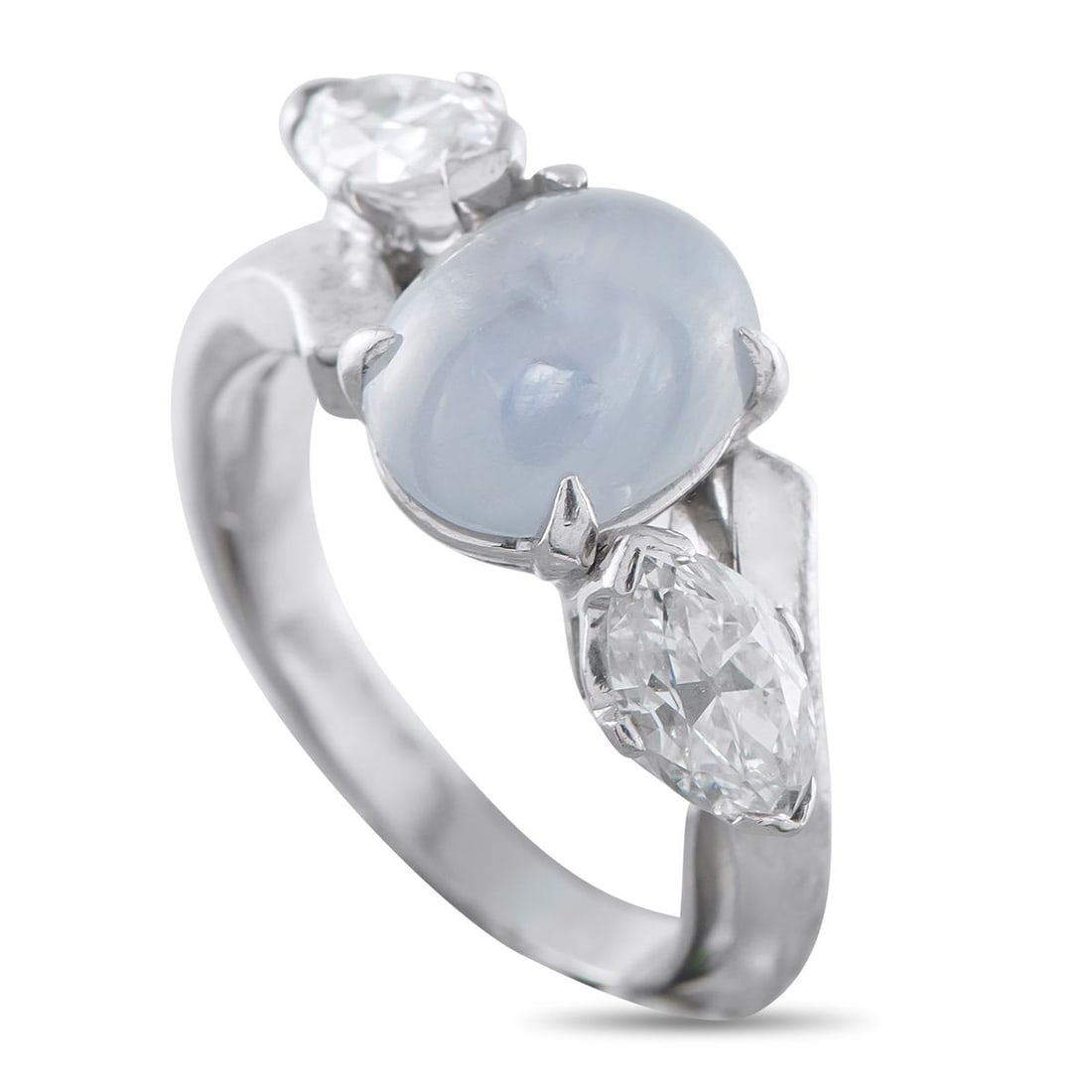 14K WHITE GOLD 1.35CT DIAMOND AND SAPPHIRE RING: A cloudy 4.0 carat Sapphire cabochon makes this luxury ring endlessly captivating. The delicate 14K White Gold setting is also elevated by Diamonds totaling 1.35 carats, which flank the center stone a