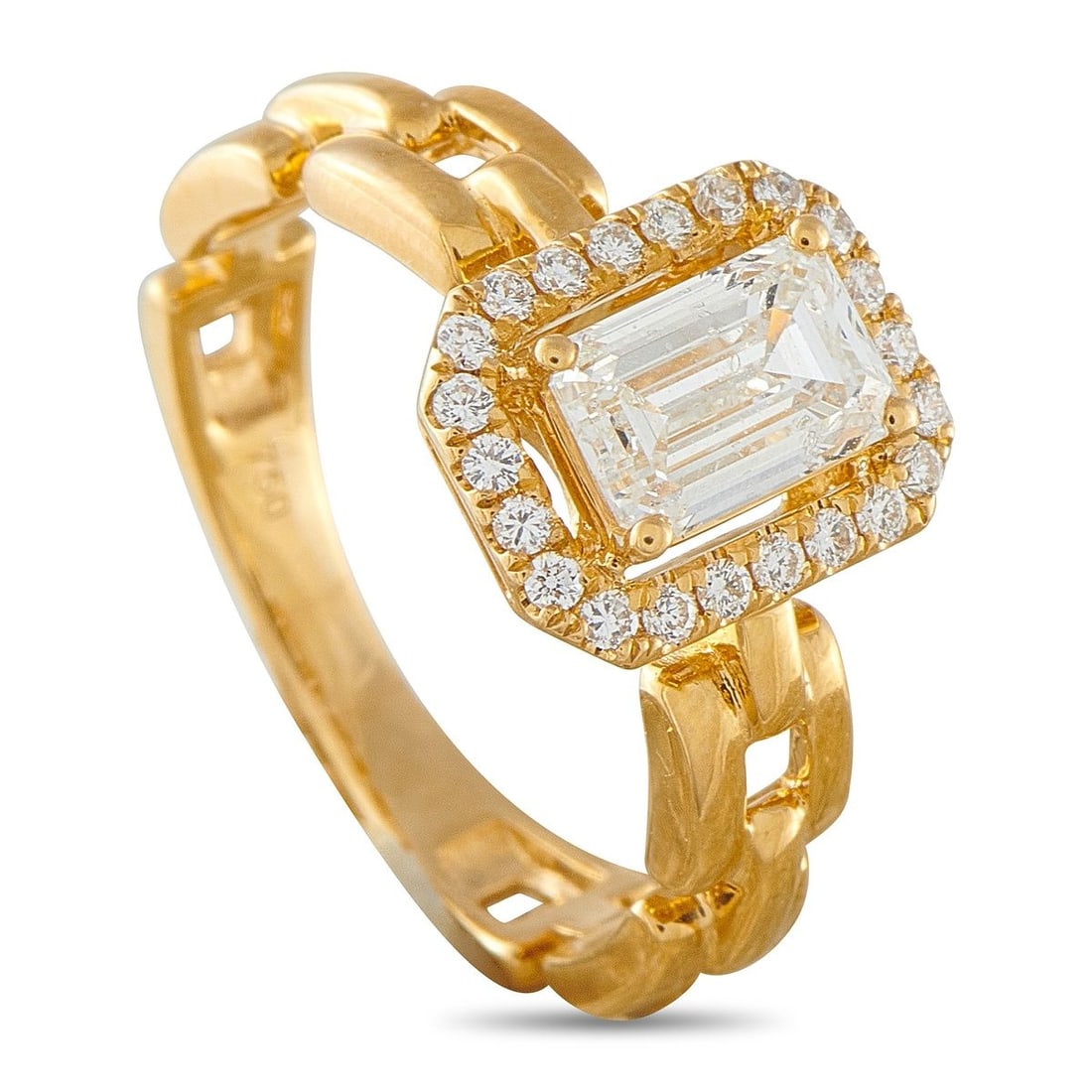 18K YELLOW GOLD 1.25CT DIAMOND RING: This luxury ring is meant to make a subtle statement. At the center of the chain-like band, a breathtaking 1.05 carat Diamond is surrounded by additional Diamond accents totaling 0.20 carats. Set in 1