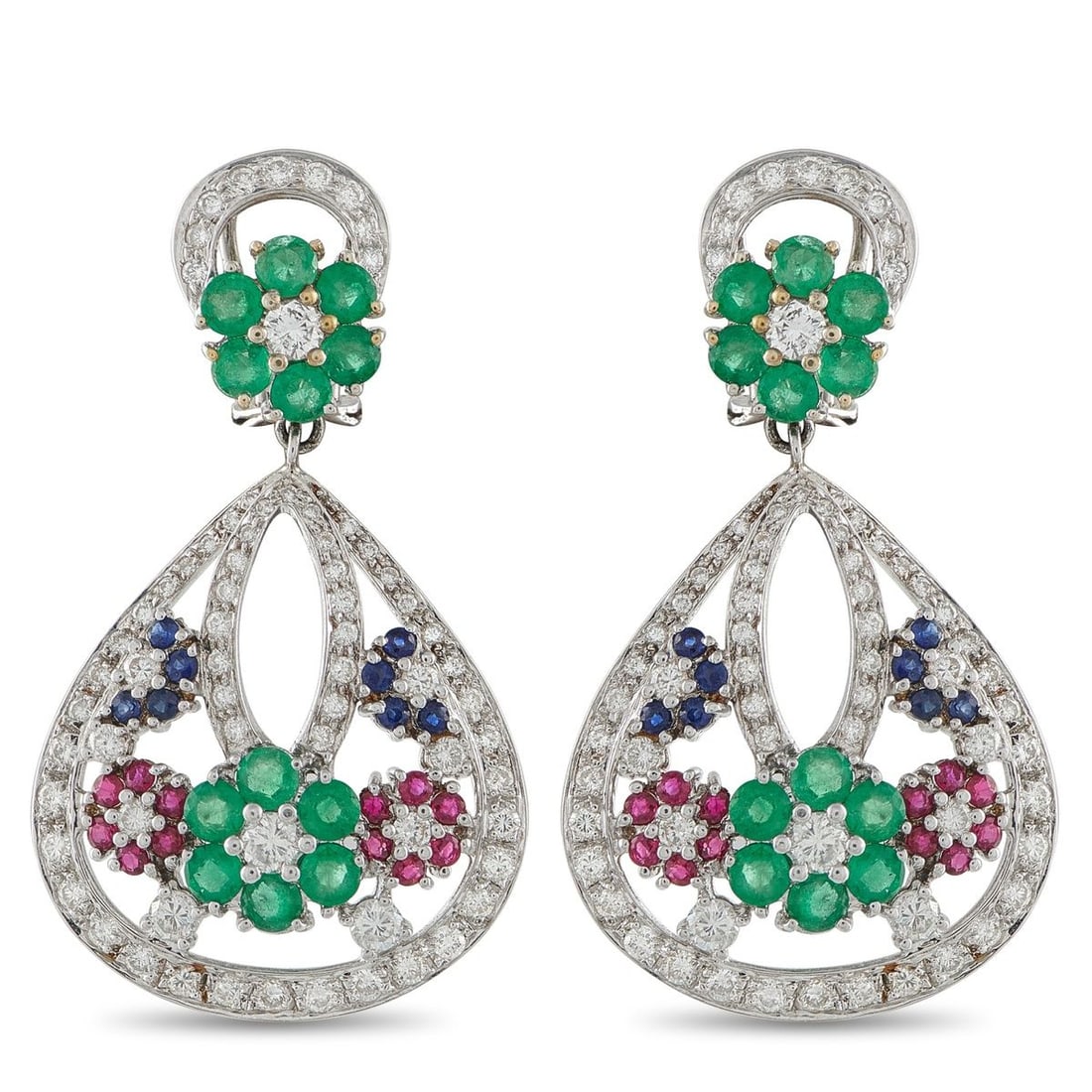 18K WHITE GOLD 1.85CT DIAMOND, SAPPHIRE, RUBY, AND EMERALD EARRINGS: These luxury earrings capture the beauty of a garden in bloom. Floral motifs adorned with Sapphires, Rubies, and Emeralds add charm to the delicate design. Sparkling Diamonds with a total weight of 1.