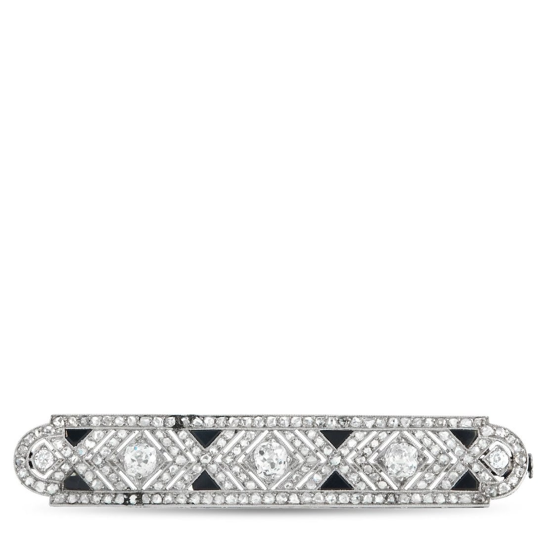 FRENCH ANTIQUE 18K WHITE GOLD 2.0CT DIAMOND AND ONYX BROOCH: This French Antique brooch exudes Art Deco opulence. The sleek, sophisticated design comes to life thanks to sparkling Diamonds totaling 2.0 carats. Onyx accents offer beautiful contrast from their pl