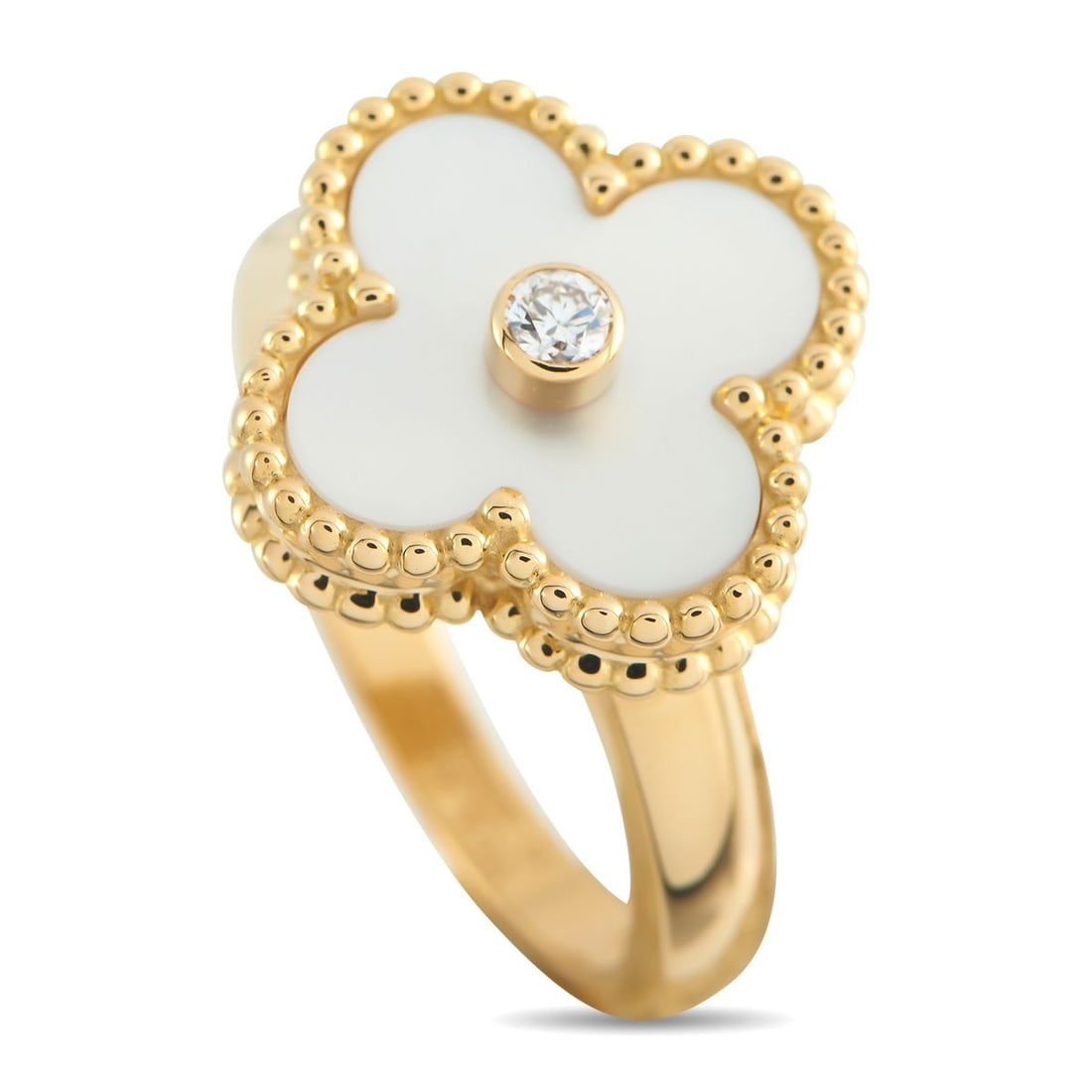 VAN CLEEF & ARPELS ALHAMBRA 18K YELLOW GOLD DIAMOND AND MOTHER OF PEARL RING: This 18K yellow gold Van Cleef & Arpels ring brings that legendary Alhambra charm to your everyday stack. A white mother-of-pearl fills the iconic four-leaf clover motif, delivering an iridescent shim