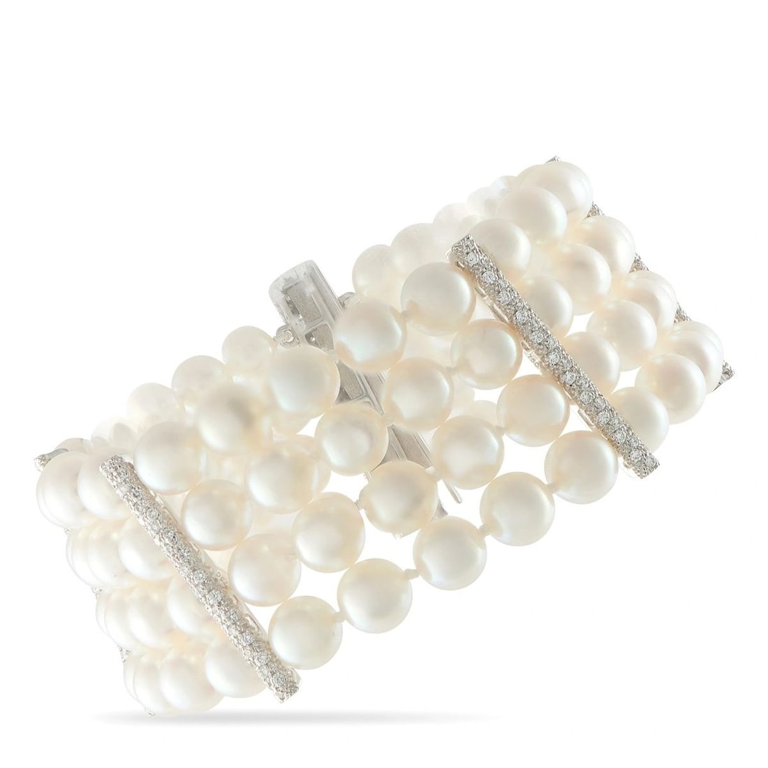 ASSAEL 18K WHITE GOLD 1.68CT DIAMOND AND PEARL 4-ROW BRACELET: This elegant Assael bracelet is crafted in 18K white gold and showcases four rows of lustrous 6.5mm cultured pearls separated by diamond-set bar stations totaling approximately 1.68 carats. The bracel