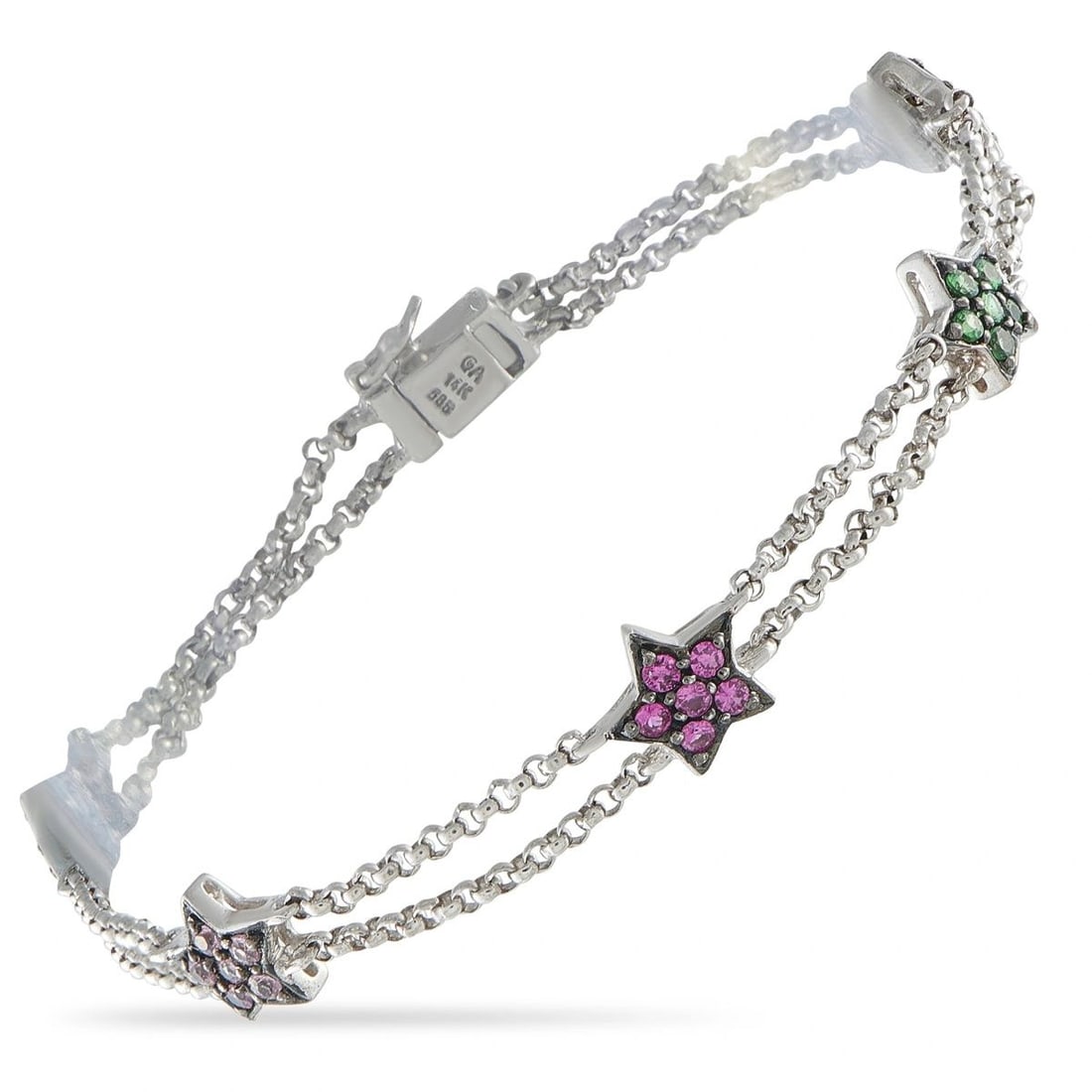 14K WHITE GOLD MULTICOLORED SAPPHIRE STAR BRACELET: This charming estate 14K white gold colored sapphire star bracelet features a delicate double-strand rolo chain adorned with multiple star-shaped motifs, each pav-set with vibrant multicolor sapphires