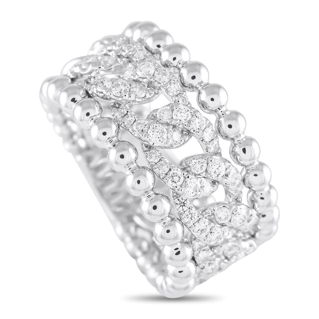 18K WHITE GOLD 0.80CT DIAMOND BEADED OPENWORK RING: A sensational band, this ring offers a lot of detail. The wide, openwork band is fashioned from 18K white gold. Its edges feature white gold beads in polished finish, framing a curb-style chain patter