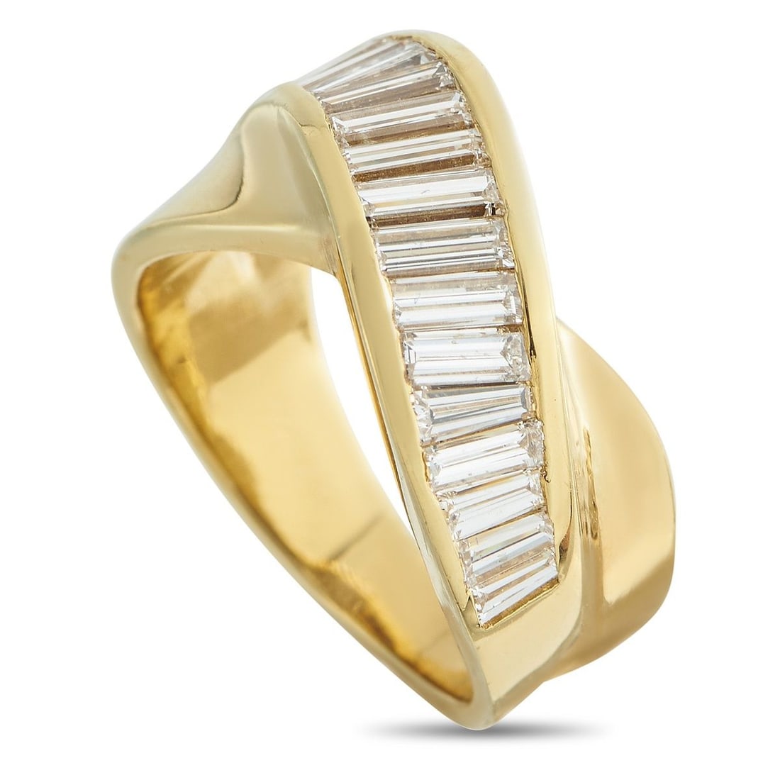 18K YELLOW GOLD 1.25CT DIAMOND RING: A series of step-cut Diamonds totaling 1.25 carats add sparkle to this sleek, sophisticated ring. Set in 18K Yellow Gold, this opulent piece measures 5mm wide band and features a top height measuring 