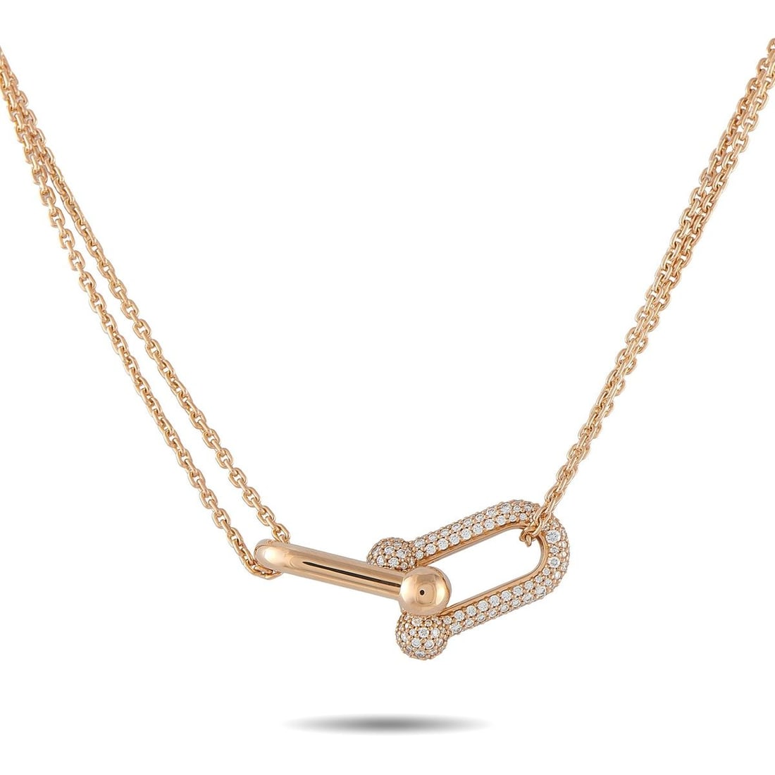 TIFFANY & CO. HARDWEAR 18K ROSE GOLD 0.79CT DIAMOND DOUBLE LINK LARGE MODEL NECKLACE: Originally inspired by a 1962 Tiffany bracelet, the HardWear collection reimagined industrial link jewelry through heavier gauge proportions and sharper silhouettes. This necklace presents a cleaner a