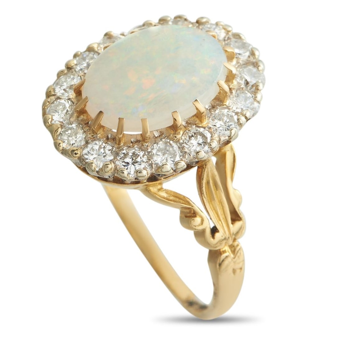 ANTIQUE 18K YELLOW GOLD 1.28CT DIAMOND AND OPAL ENGLISH RING: From the delicate 18K Yellow Gold setting to the fiery 2.20 carat Opal centers stone every aspect of this English Antique ring will continually impress. A sparkling halo of Diamonds totaling 1.28 cara