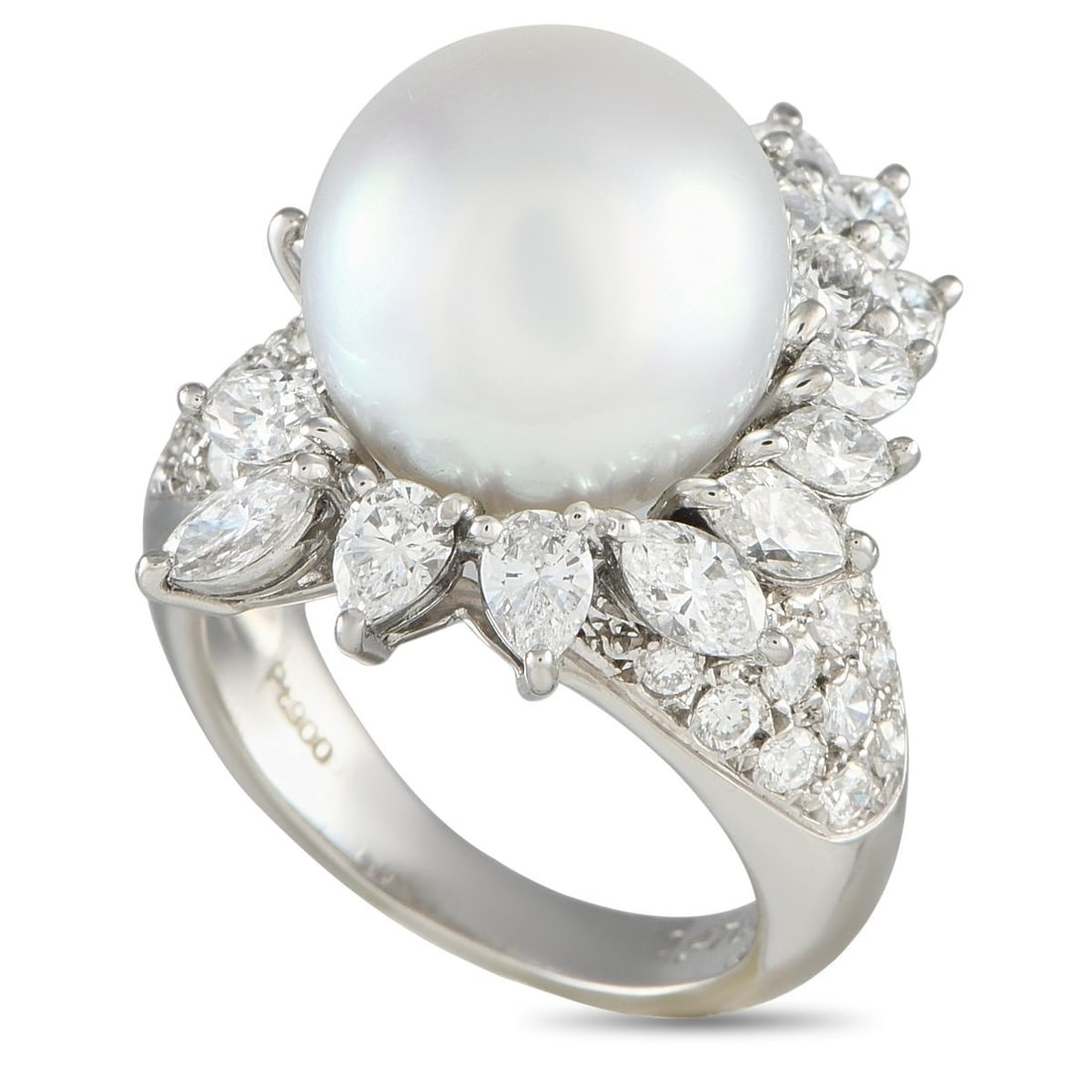 PLATINUM 2.47CT DIAMOND AND PEARL RING: This luxury ring is unlike anything you have seen before. The dynamic Platinum setting effortlessly catches the light thanks to Diamonds with a total weight of 2.47 carats. At the center, a singular
