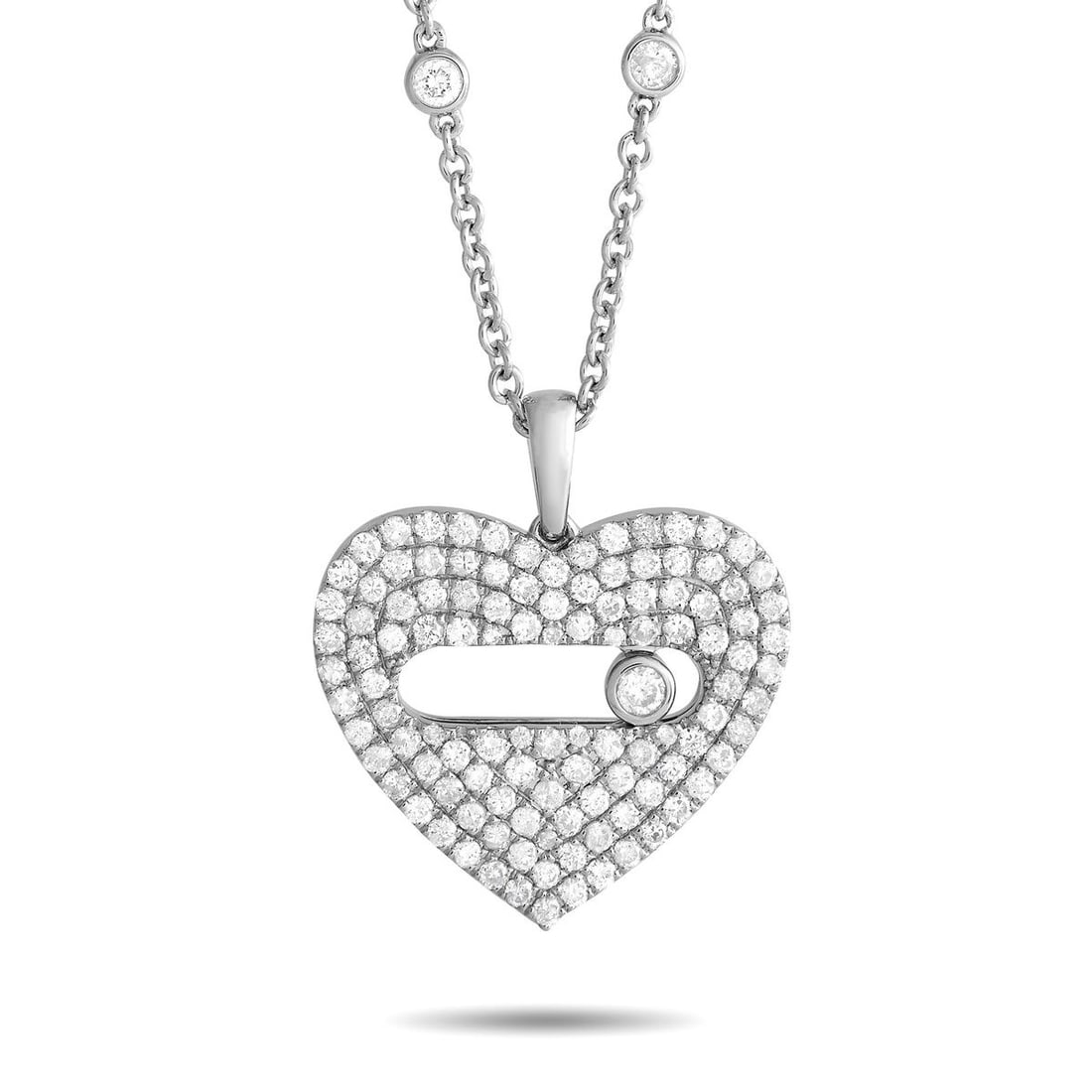 14K WHITE GOLD 2.10CT DIAMOND PAV HEART NECKLACE: This necklace could well be what's missing in your arsenal. It features a 15 long chain with a lobster clasp and a 1 by 0.80 heart-shaped pendant. The pendant glitters with pav-set round diamonds and 