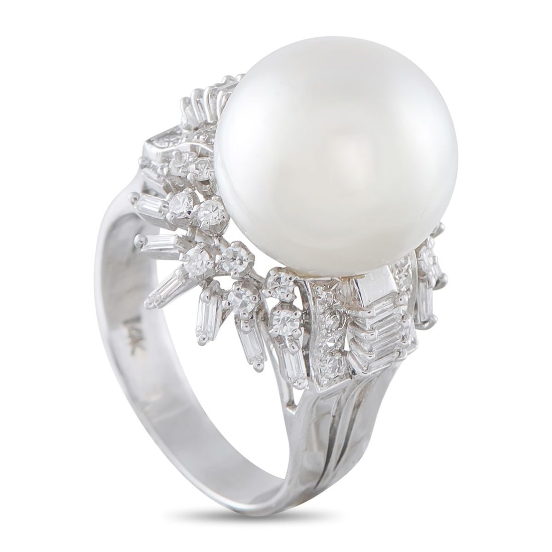 14K WHITE GOLD 0.60CT DIAMOND AND PEARL RING: This luxury ring is a perfect piece for anyone who appreciates timeless luxury. At the center of the 14K White Gold setting, a breathtaking 13.4mm Pearl serves as stunning focal point. Diamonds with a