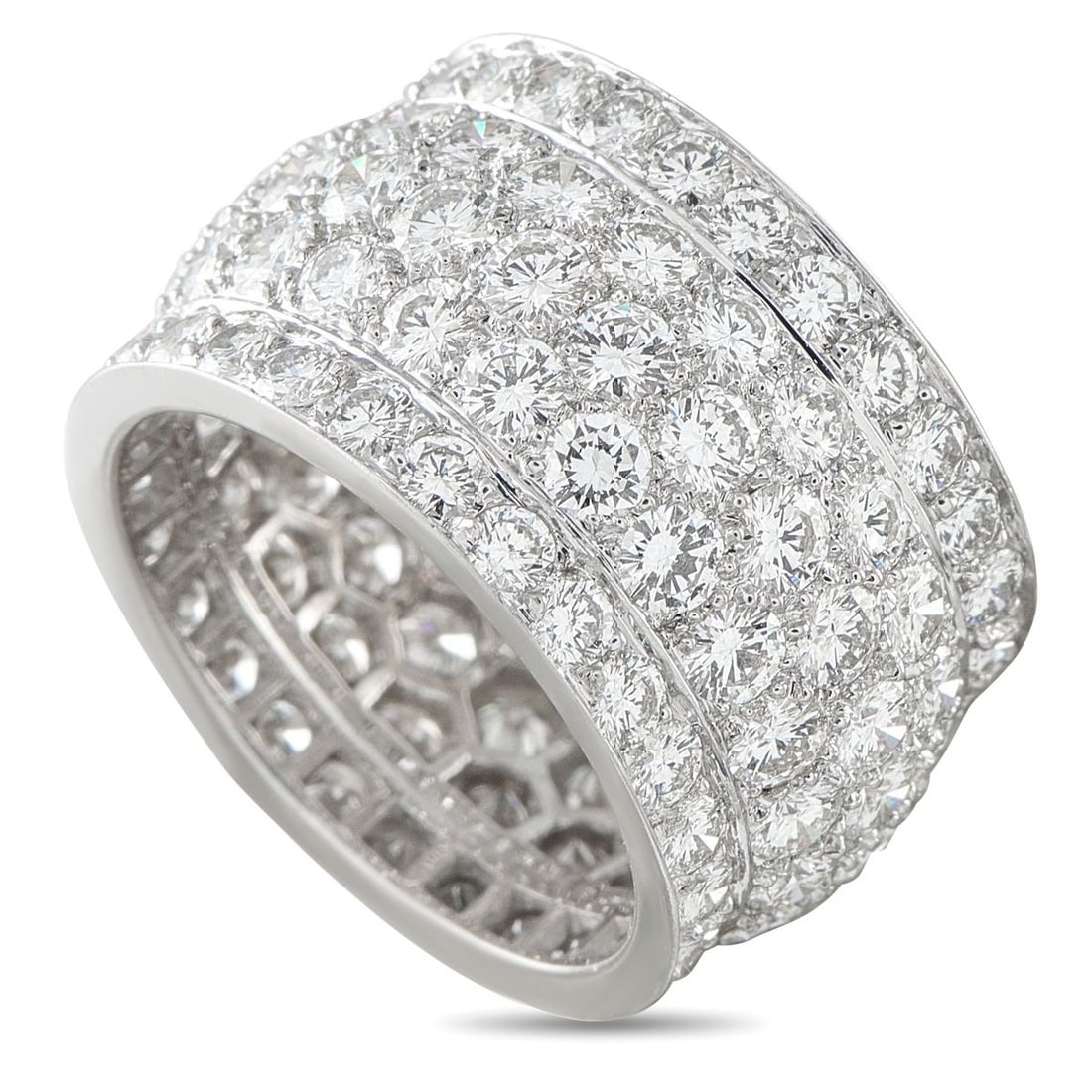 CARTIER NIGERIA 18K WHITE GOLD 5.50CT DIAMOND RING: This Cartier Nigeria ring will continually catch the light. Covered in Diamonds with a total weight of 5.50 carats, it will make a sparkling statement every time its worn. Set in 18K White Gold, it fe