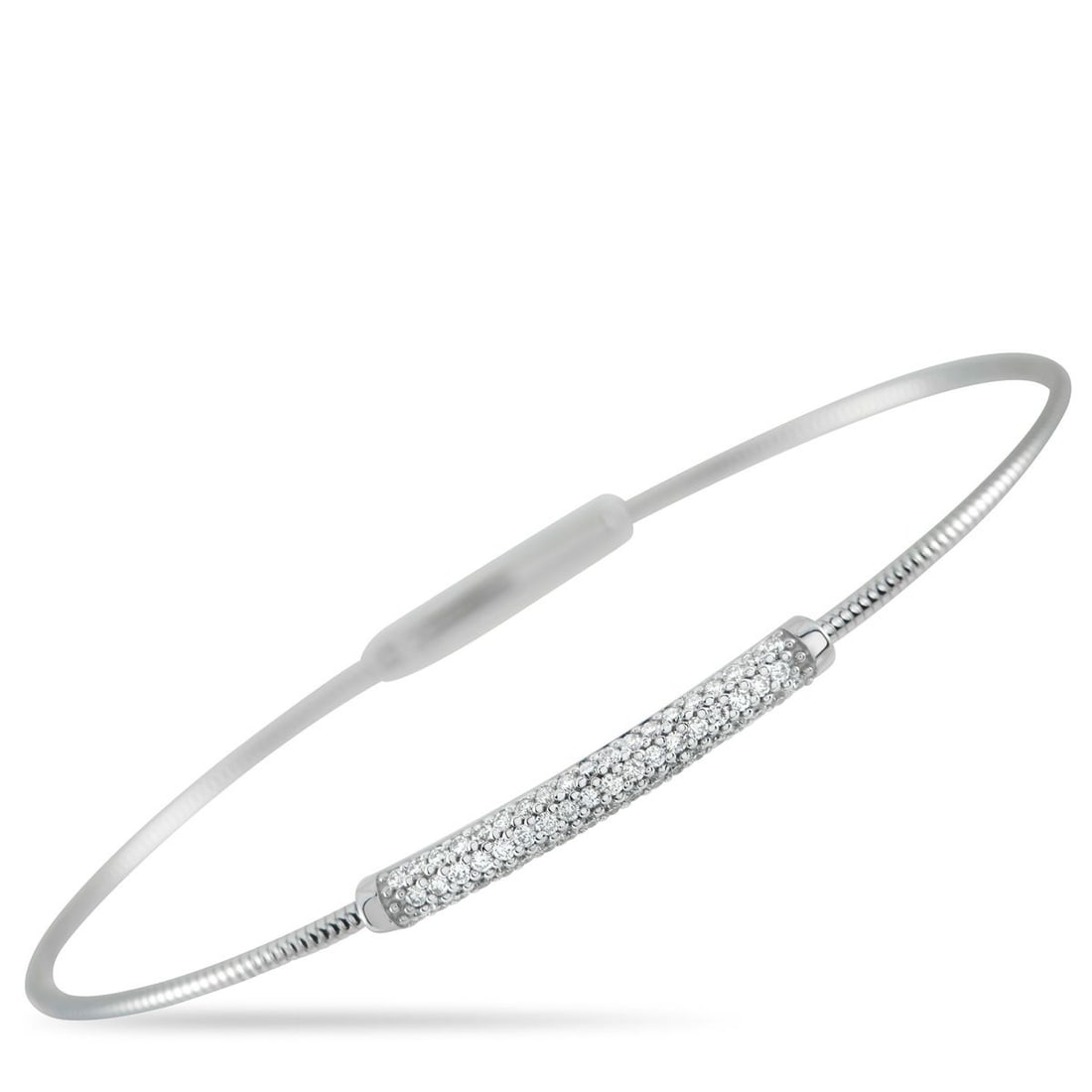 14K WHITE GOLD 0.37CT DIAMOND BRACELET: Designed as a rigid snake-chain bangle, this 14K white gold bracelet showcases an edgy, textured curve around the wrist. At its center sits a tube-like bar paved in diamonds, giving the piece a focuse