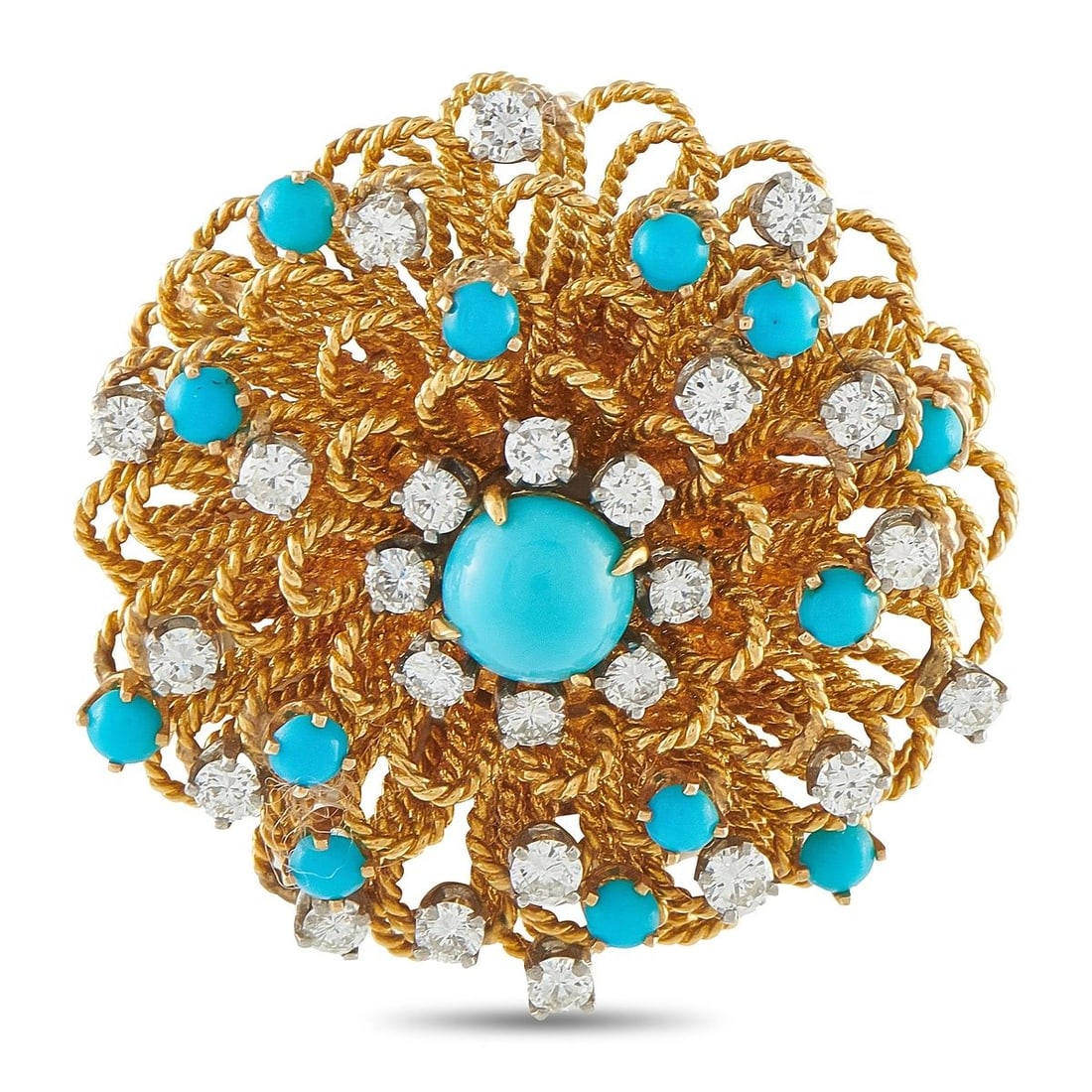 VINTAGE 18K YELLOW GOLD 1.58CT DIAMOND AND TURQUOISE BROOCH (1 of 4)