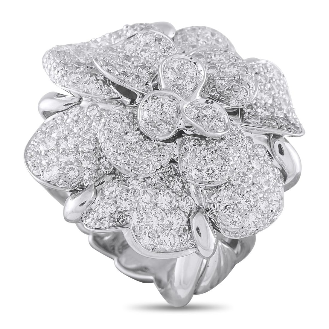 CHANEL CAMLIA 18K WHITE GOLD 3.45CT DIAMOND RING: The brands signature floral motif takes center stage on this Chanel Camlia ring. Incredibly eye-catching, Diamonds with a total weight of 3.45 carats cover the top of the detailed 18K White Gold setti