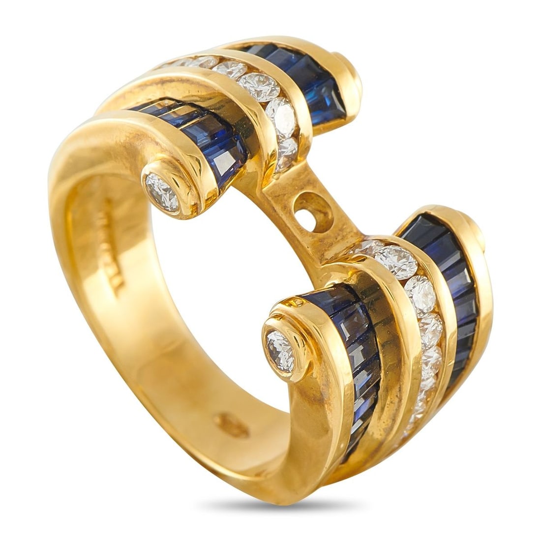 CHARLES KRYPELL 18K YELLOW GOLD 0.44CT DIAMOND AND SAPPHIRE RING: An opulent design makes this Charles Krypell ring an exciting additional to any jewelry collection. Sapphires with a total weight of 2.85 carats add contrast to the 18K Yellow Gold setting, while Diam