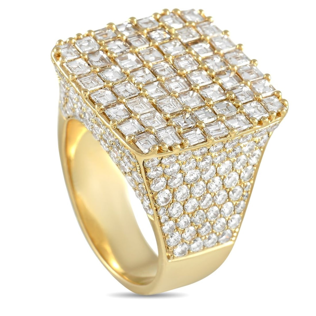 14K YELLOW GOLD 10.49 CT DIAMOND RING: This bold, luxurious ring will continually command attention. Its statement-making setting includes an 10mm wide band and an 8mm top height. But its the glittering array of diamonds totaling 10.49 car