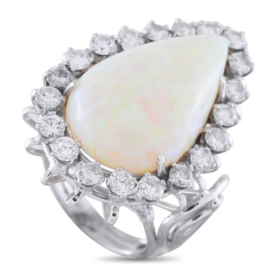 18K WHITE GOLD 2.30CT DIAMOND AND OPAL RING: This luxury ring is simply unforgettable. At the center of the elegant 18K White Gold setting, a luminous 13.0 carat Opal gemstone makes a stunning statement. Its surrounded by Diamonds totaling 2.30 