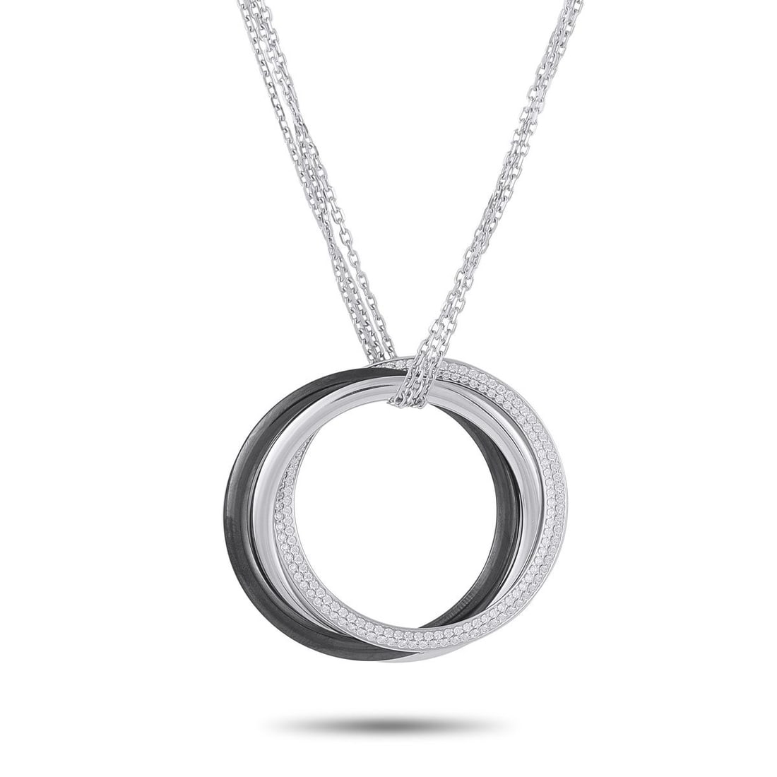 CARTIER TRINITY 18K WHITE GOLD 0.82CT DIAMOND AND CERAMIC NECKLACE: A stylish circular pendant provides this Cartier Trinity necklace with a stunning sense of symmetry. Crafted from 18K White Gold, it beautifully combines polished metalwork with black ceramic accents 