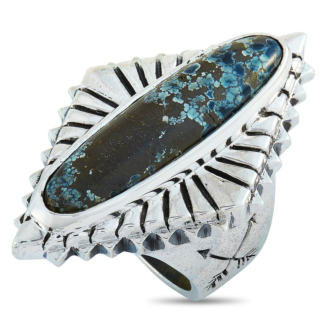 KING BABY CONCHO SILVER AND SPOTTED TURQUOISE RING: The King Baby Concho ring is crafted from silver and set with a spotted turquoise. The ring weighs 44.6 grams and boasts band thickness of 7 mm and top height of 9 mm, while top dimensions measure 30 