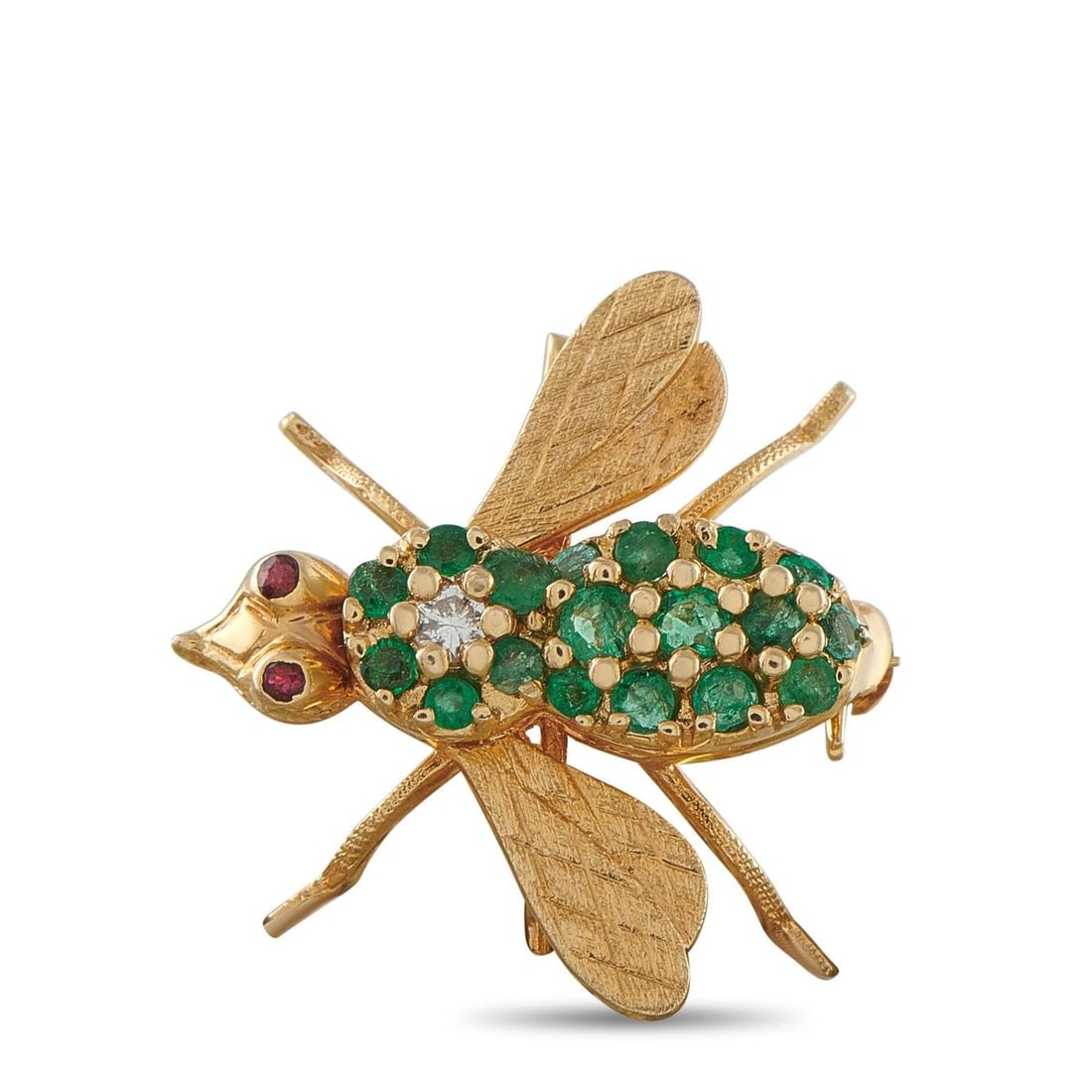 VINTAGE 18K YELLOW GOLD DIAMOND, EMERALD, AND GARNET BUG BROOCH: This vintage 18K yellow gold brooch is designed as a whimsical bug, its textured wings and articulated legs framing a body pave-set with 0.36 carats of round emeralds and accented by a single round di